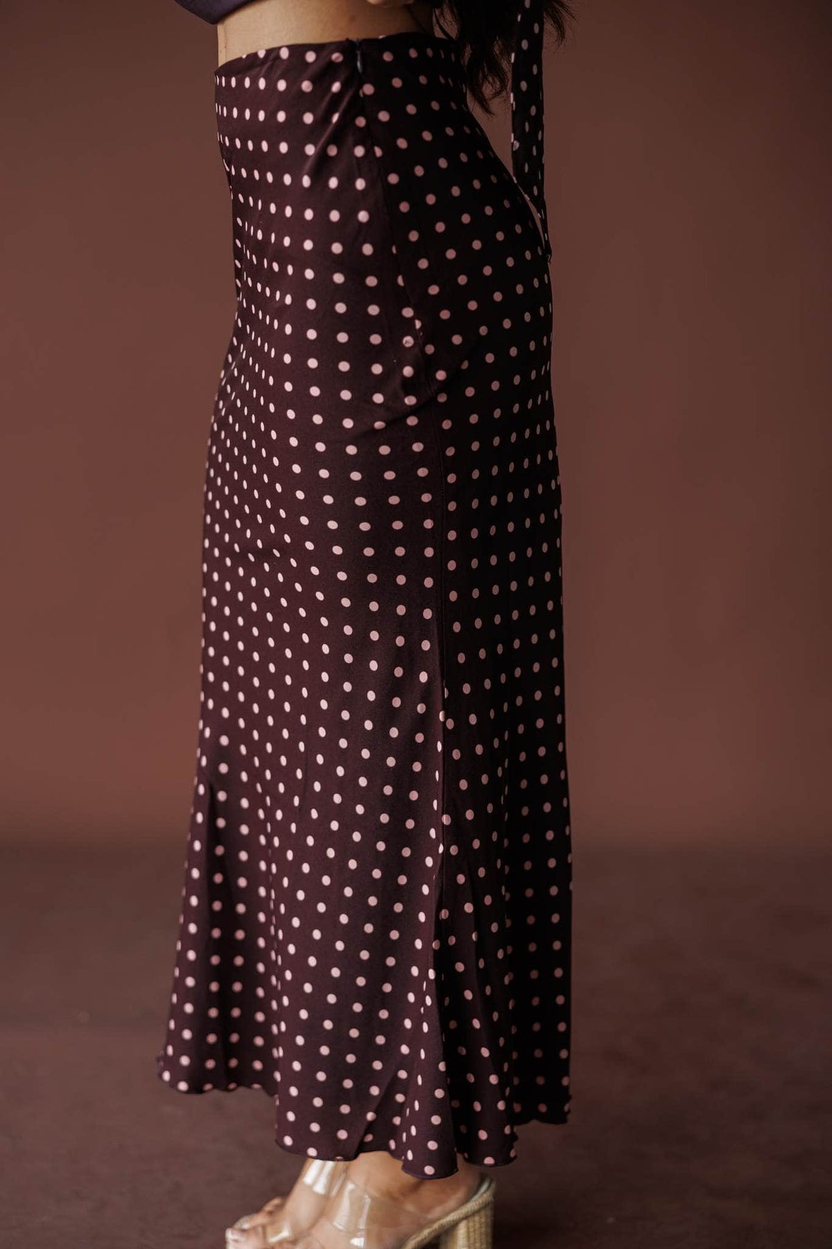 Wine polka dot satin bias midi skirt