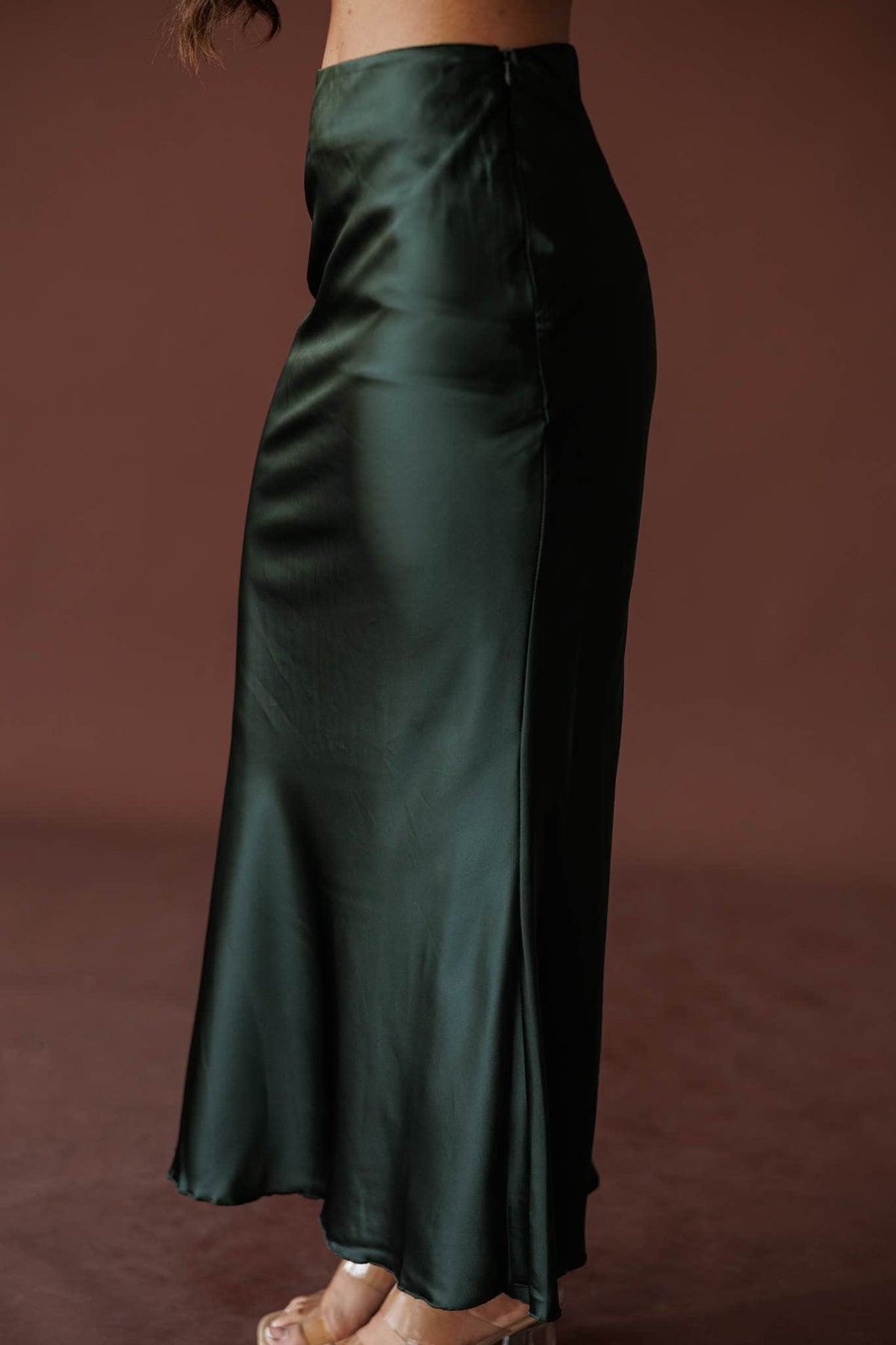 Dark green satin bias midi skirt