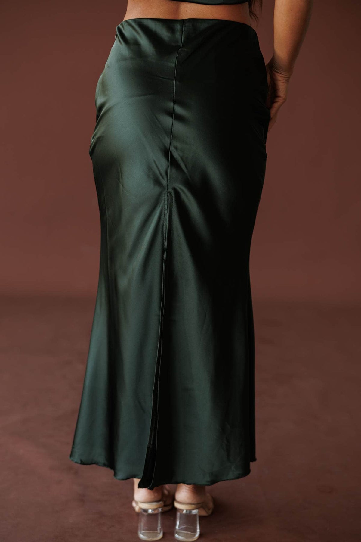 Dark green satin bias midi skirt