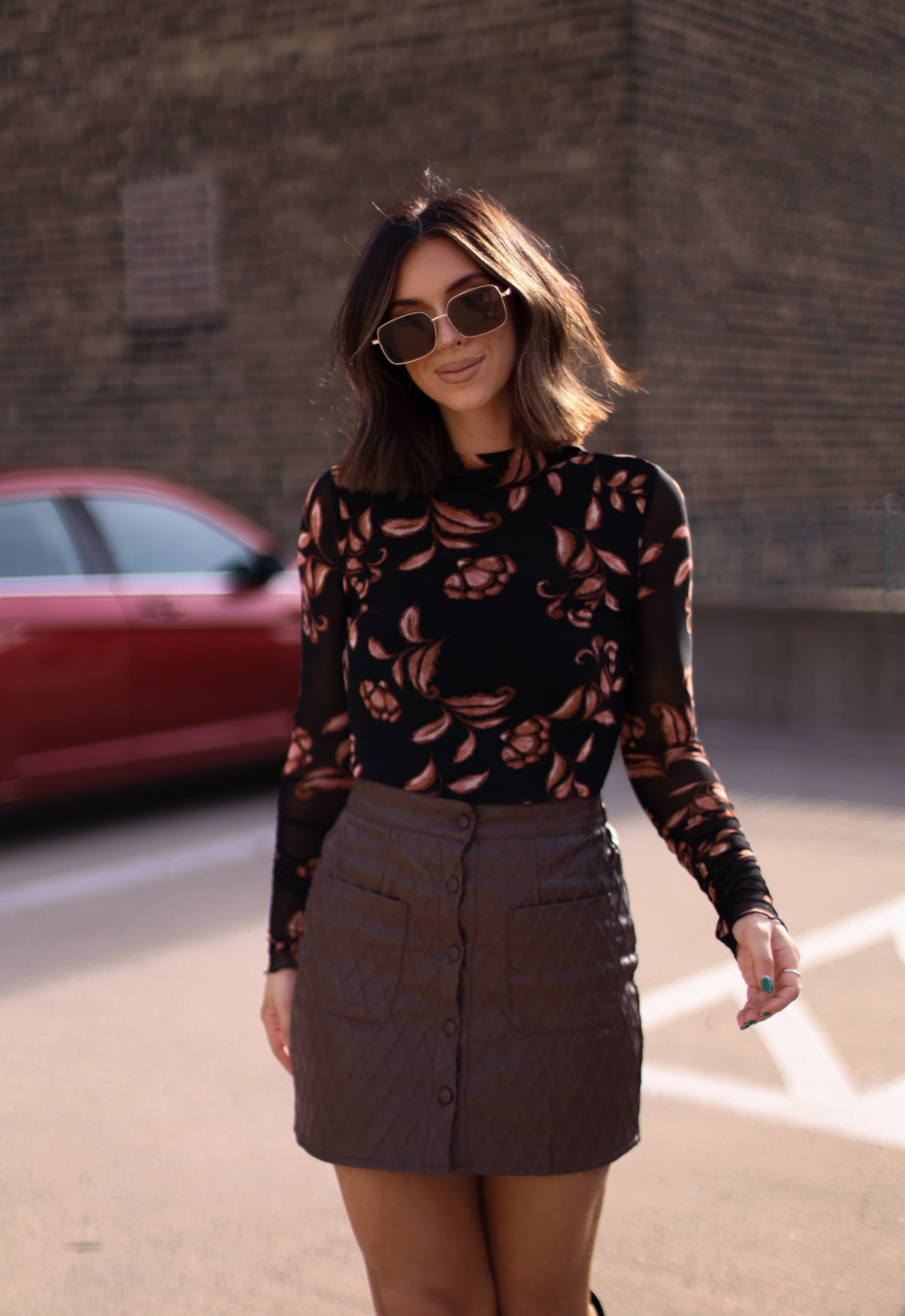 Black Floral Leaf Bodysuit