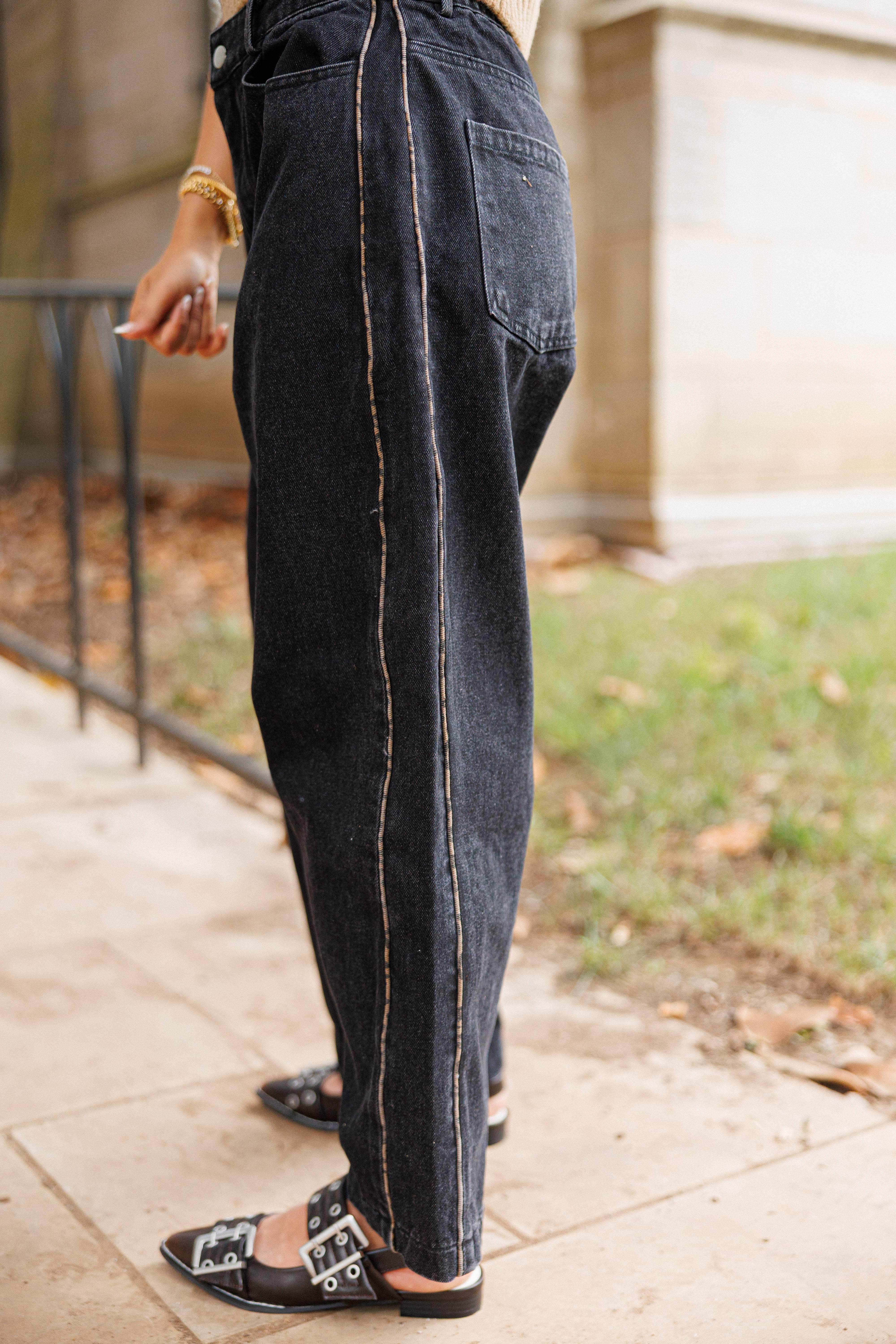 Black Leopard Piping Detail Barrel Jean