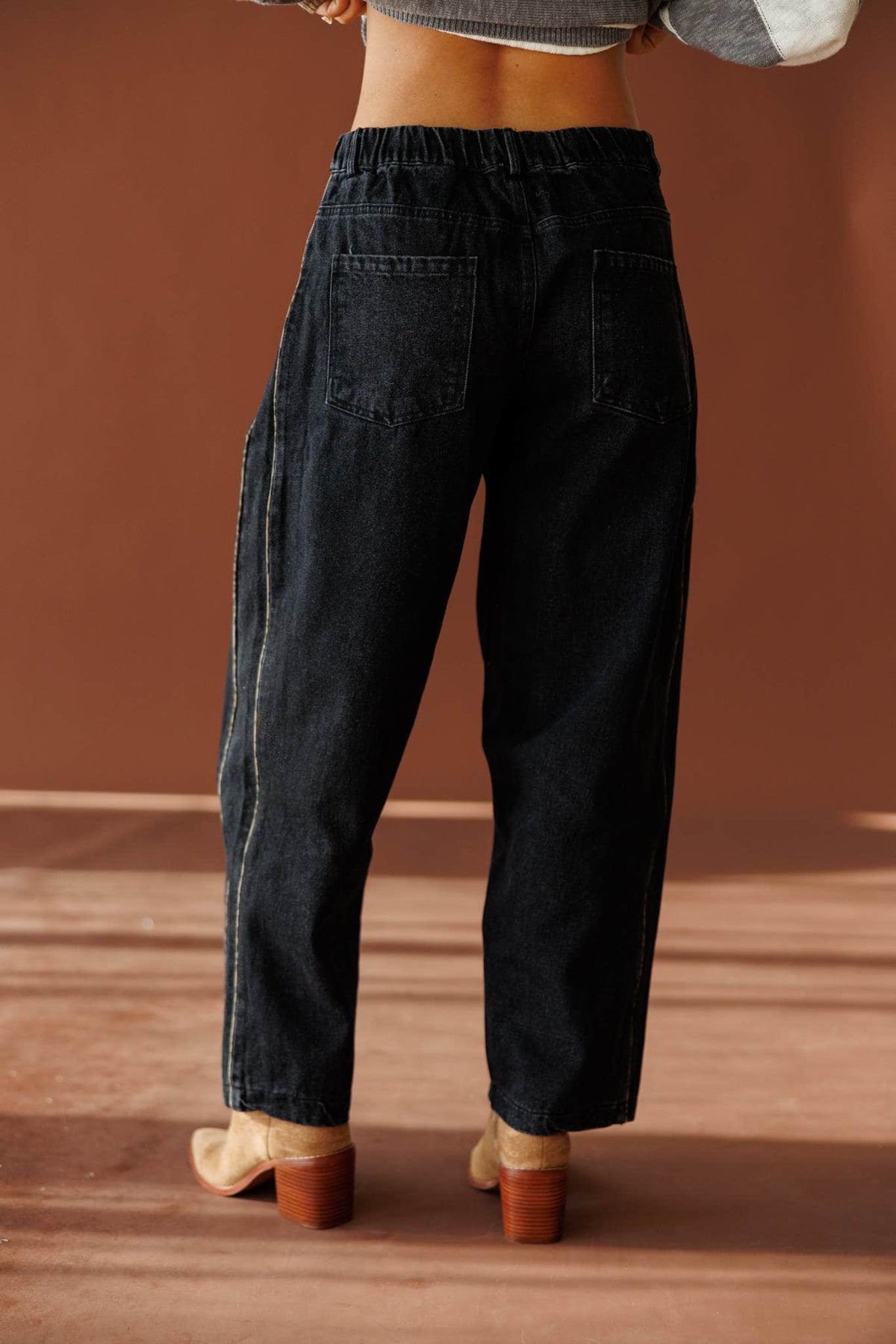 Black Leopard Piping Detail Barrel Jean