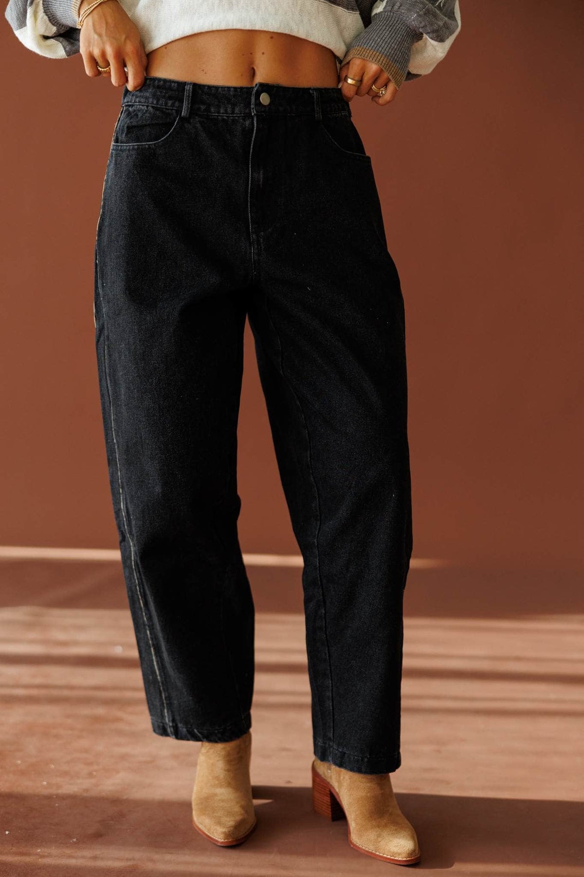 Black Leopard Piping Detail Barrel Jean