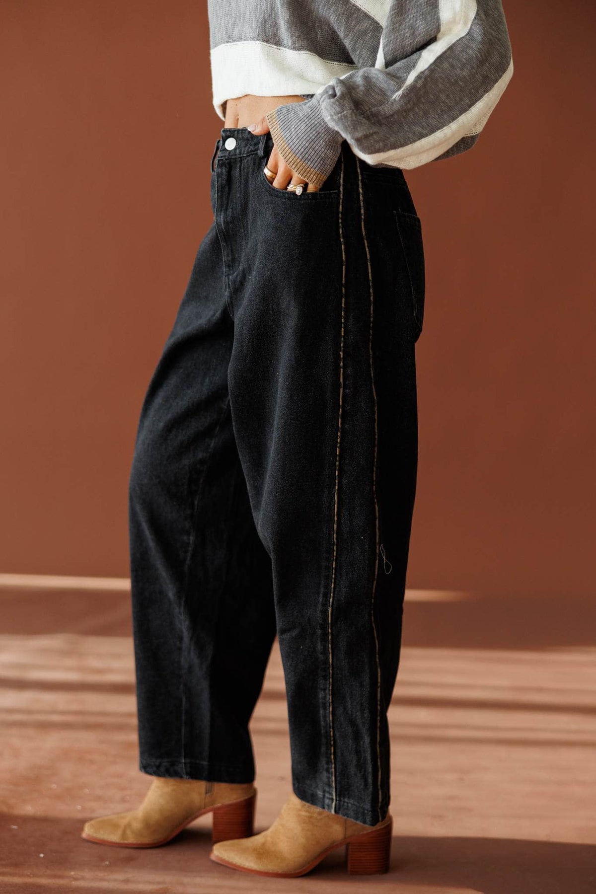 Black Leopard Piping Detail Barrel Jean