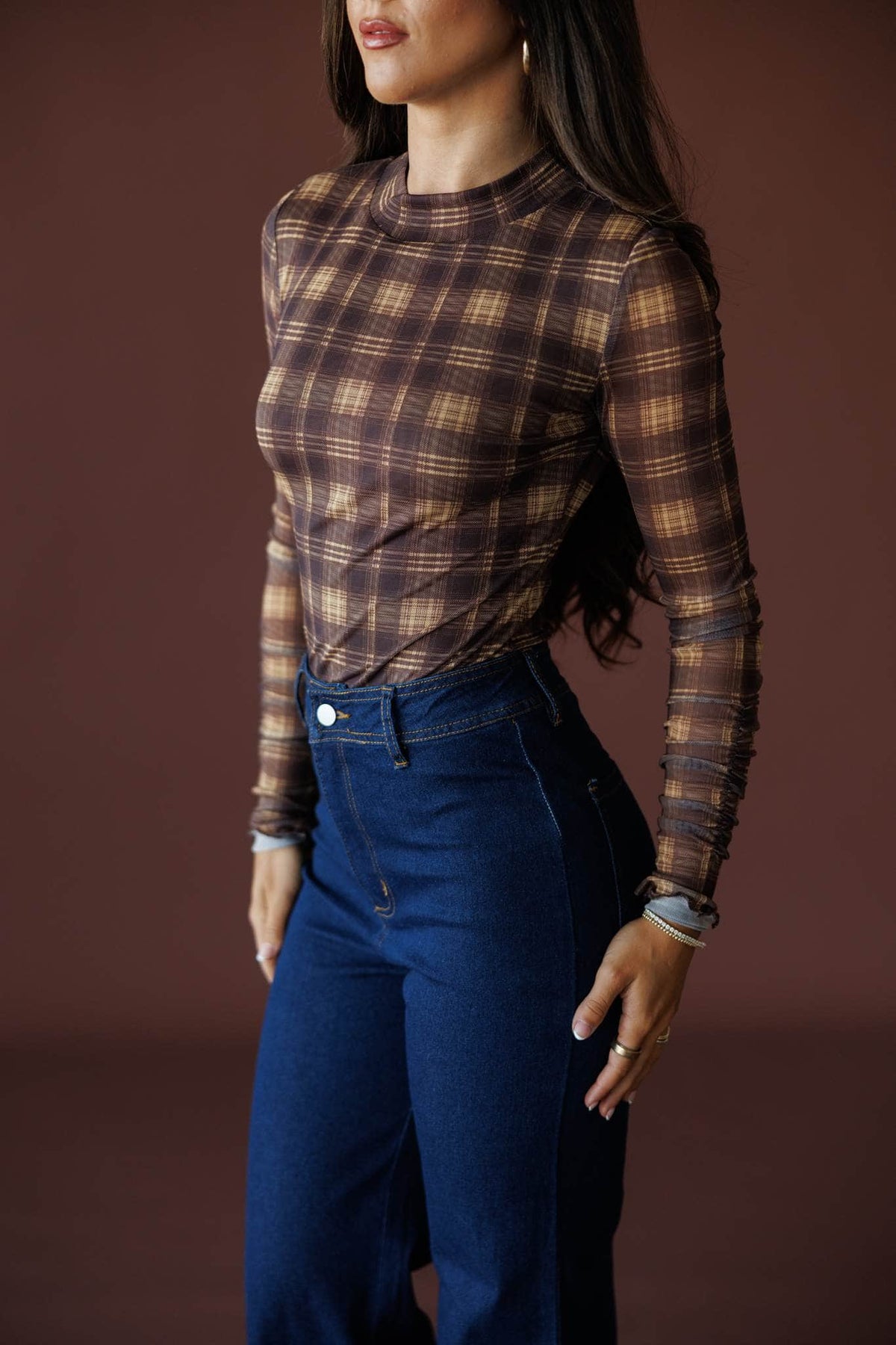 Bookmarked Plaid Mesh Bodysuit in brown and butter, side view showing the fitted plaid mesh