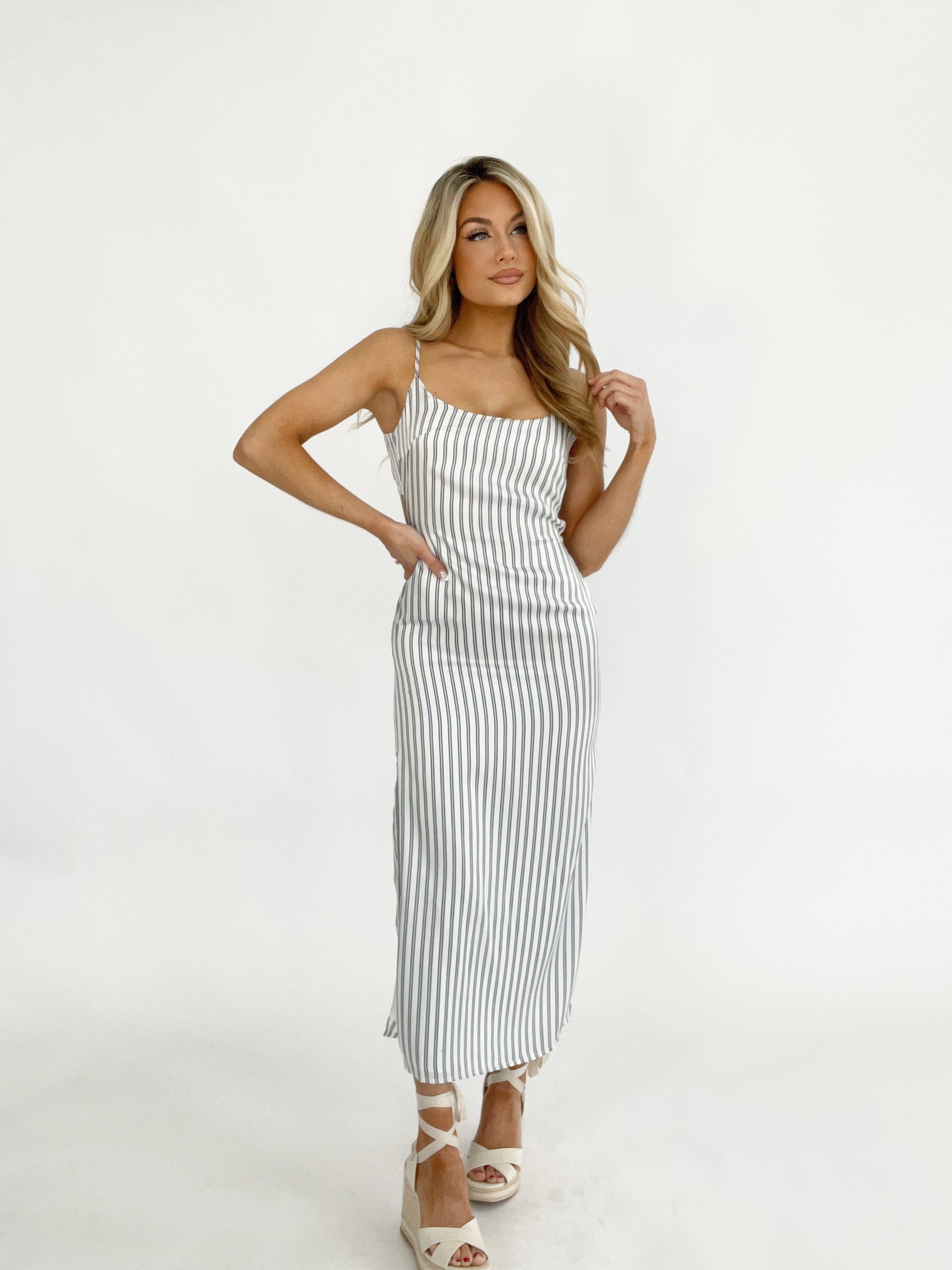 BRD1707-21 cream striped tie back midi dress Bailey Rose