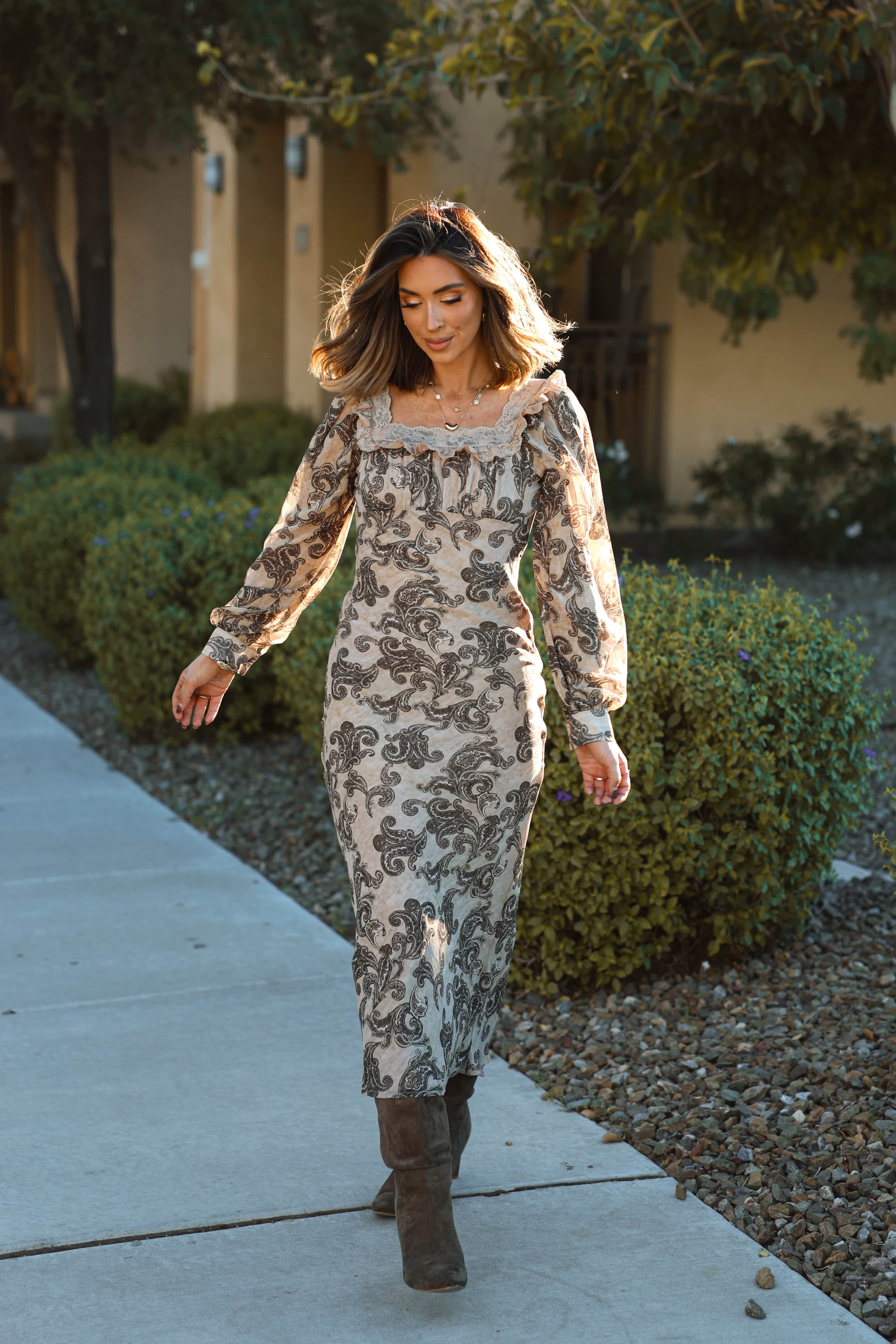 Tan Paisley Print Maxi Dress