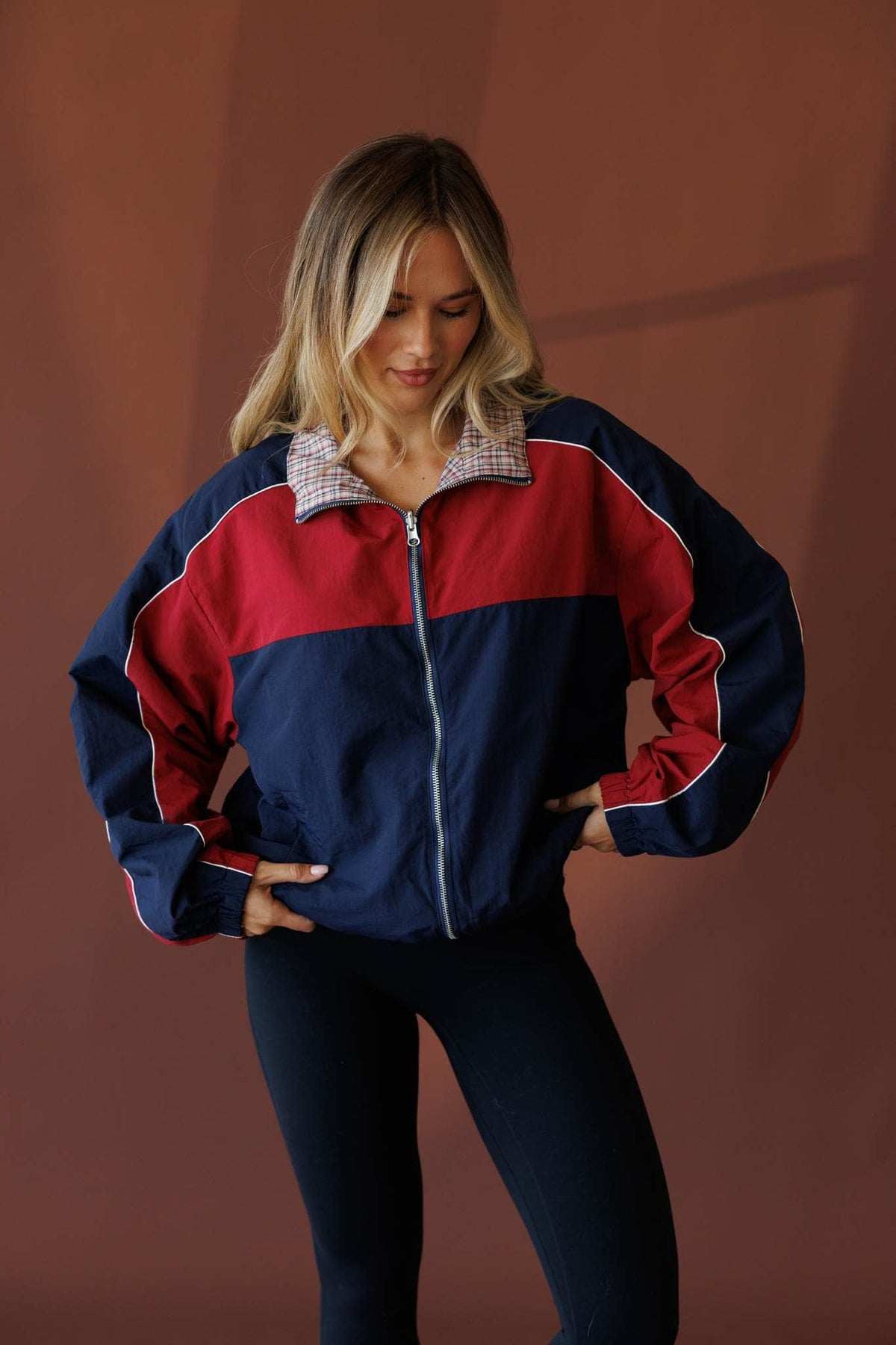 Navy and lemon reversible jacket, front view