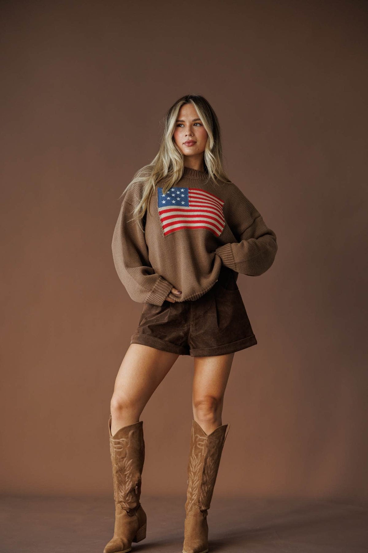 Brown American flag sweatshirt, front view