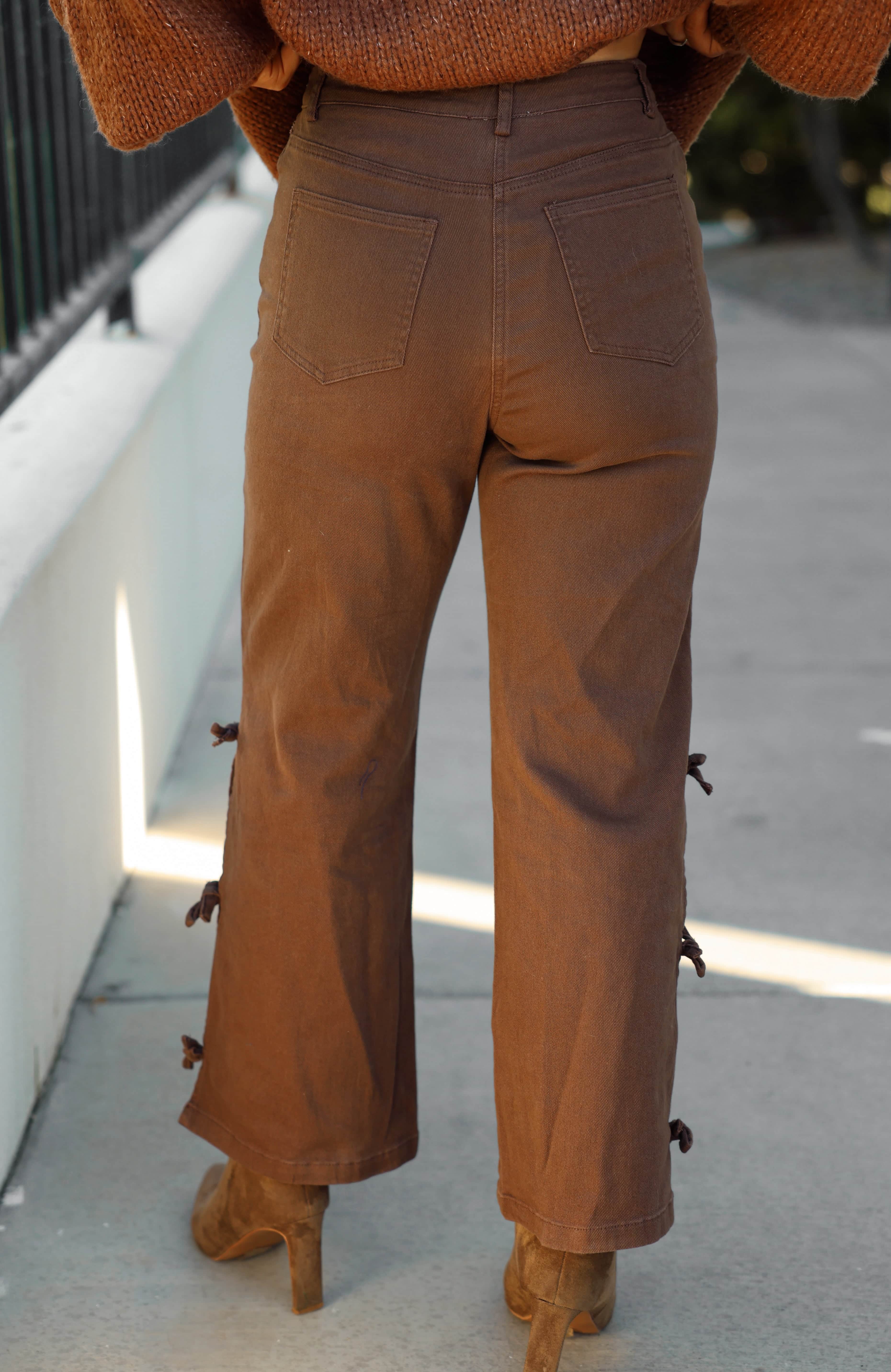 Brown Pants with Bow Details | Trendy Wide-Leg Bottoms | Lane 201