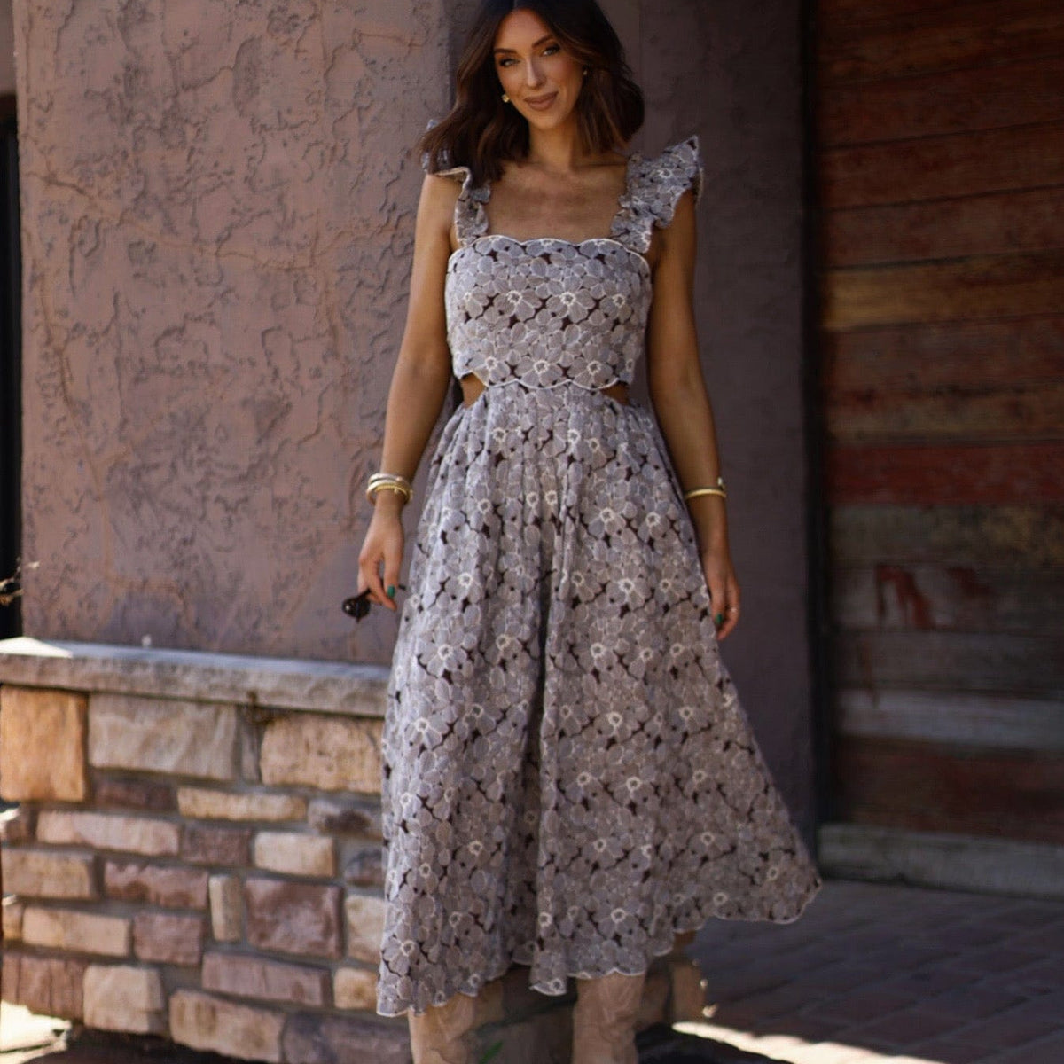 Trendy, Chic Women's Clothing Boutique Brown Floral Embroidered Dress for Women, Sofie The Label, Polyester Blend, Cotton Lining, Zipper Back, Pockets