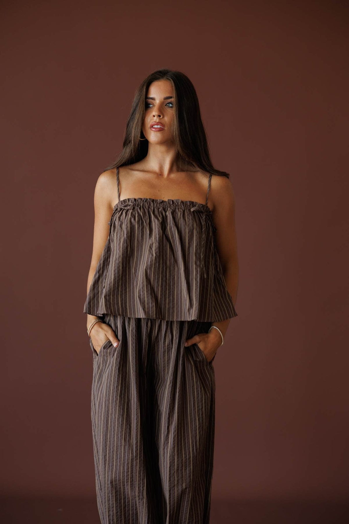 Brown Flowy Stripe Balloon Jumpsuit