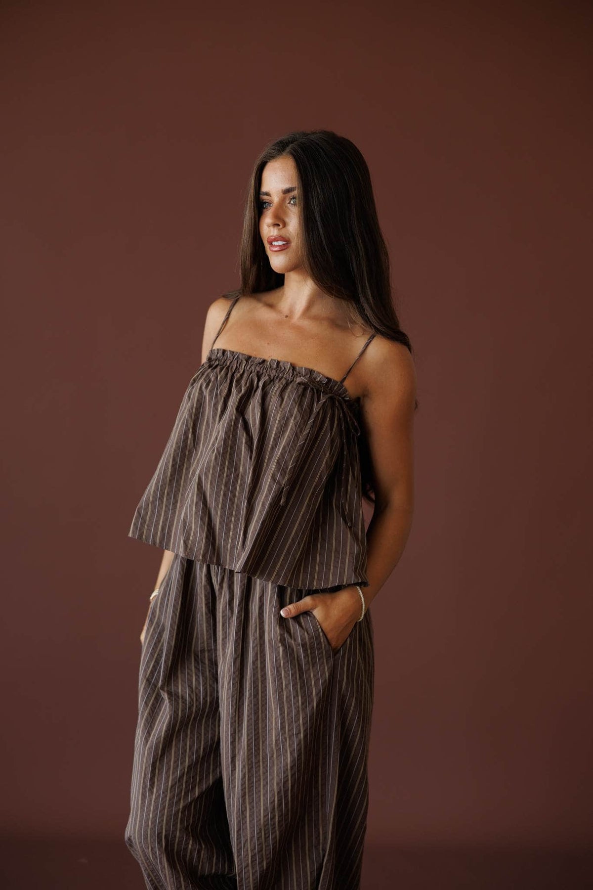 Brown Flowy Stripe Balloon Jumpsuit