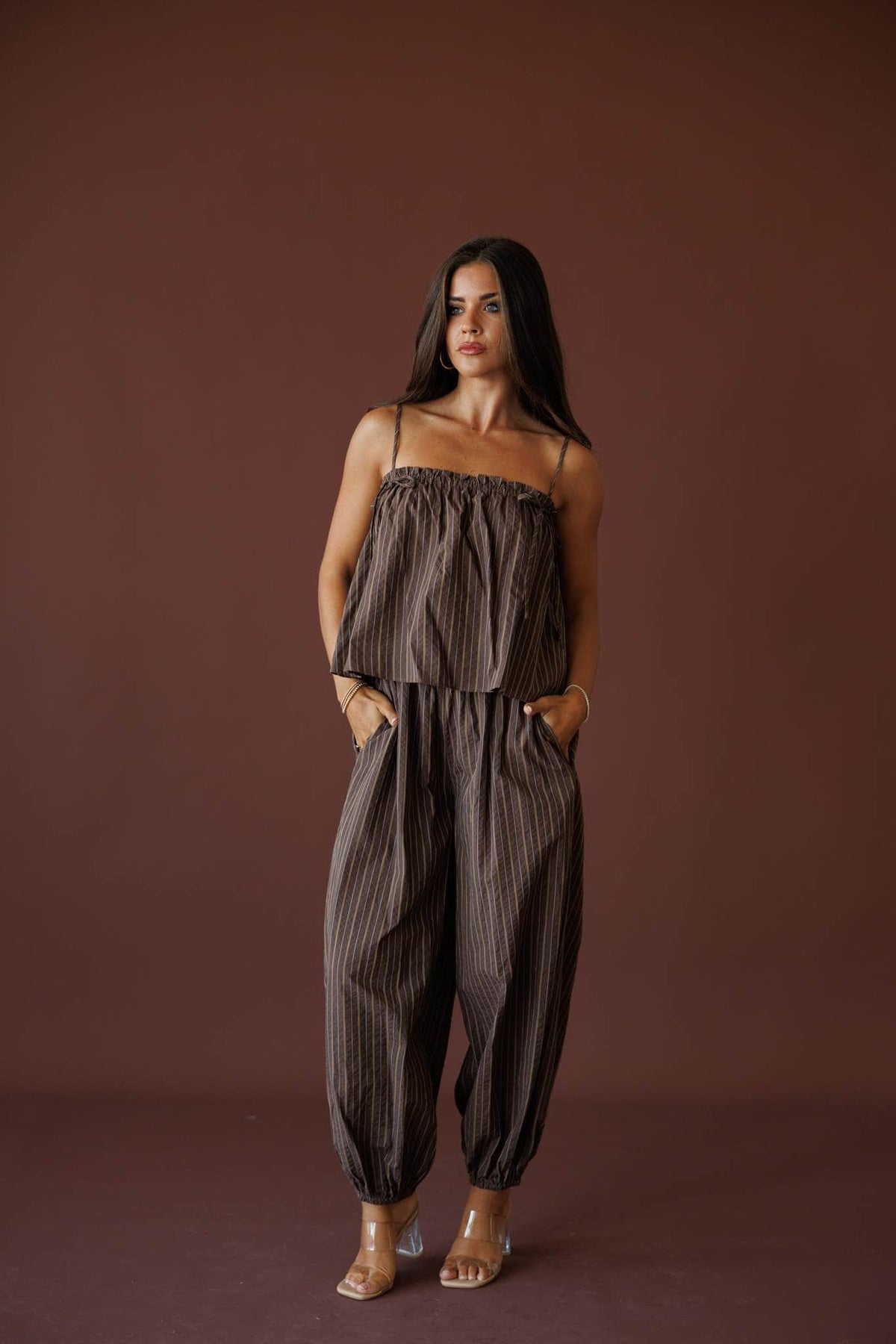 Brown Flowy Stripe Balloon Jumpsuit