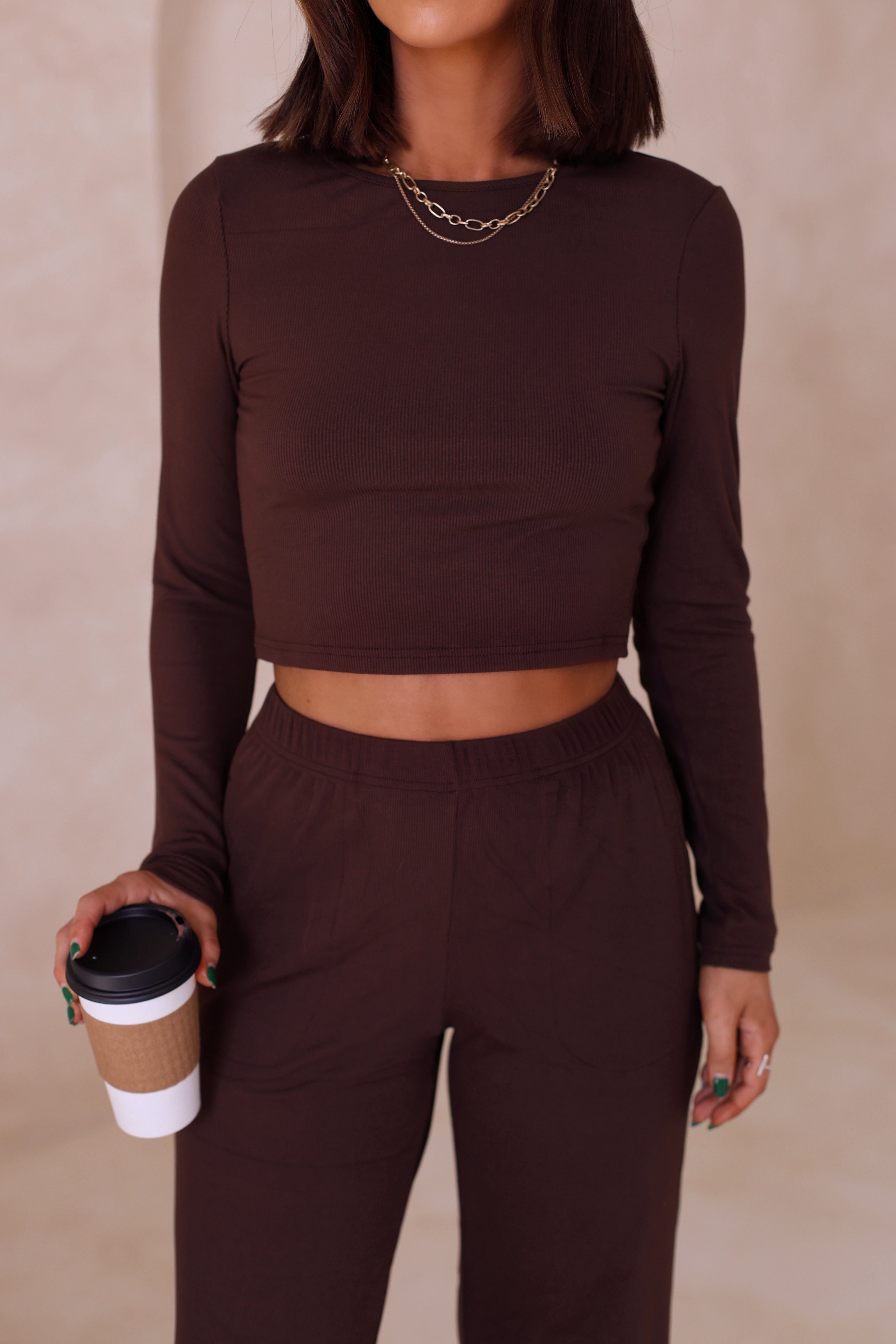 Brown Ribbed Knit Top