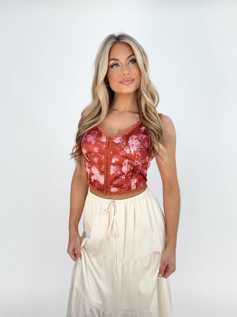 Red Floral Lace Corset Top