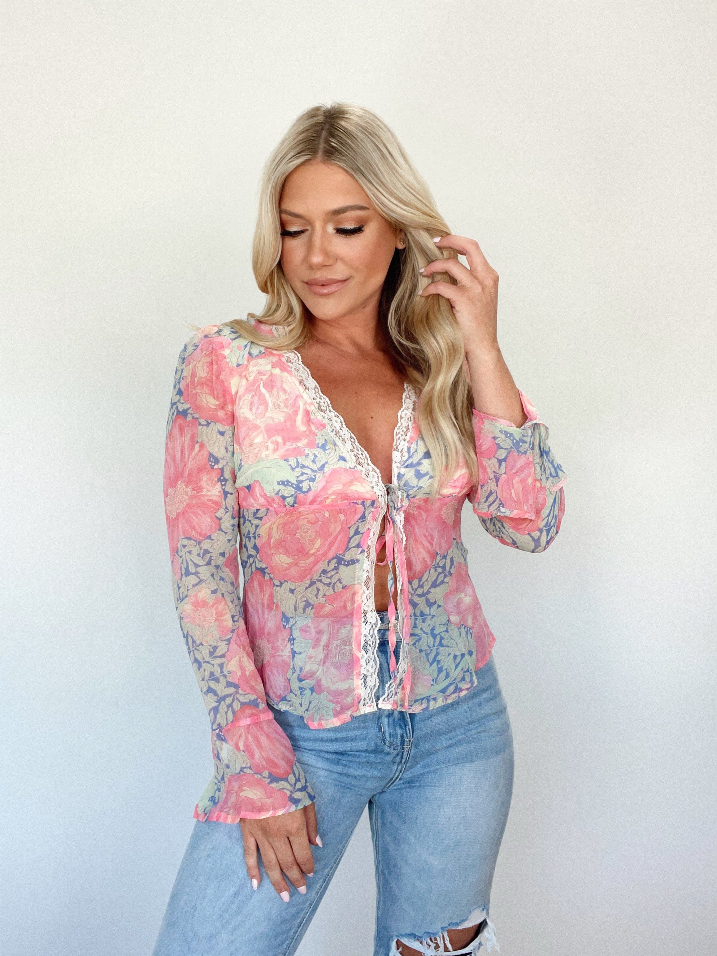 BRT2101-1 blue floral lace blouse Bailey Rose