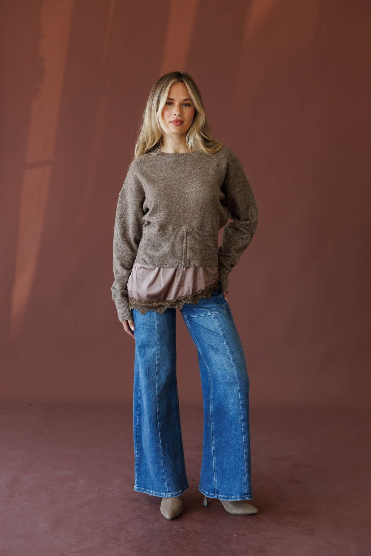 Mocha lace sweater, front view