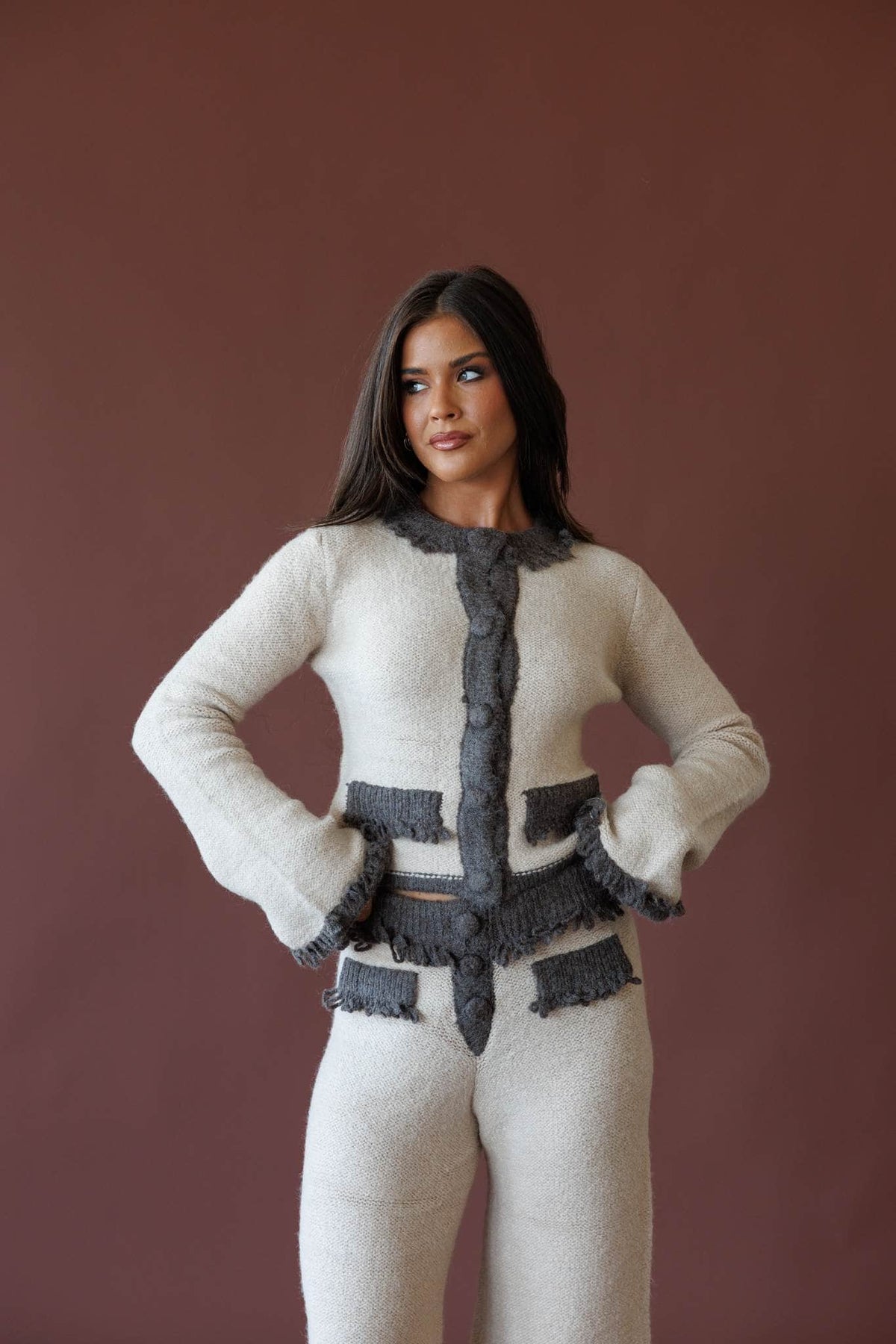 Oatmeal cardigan sweater, front view