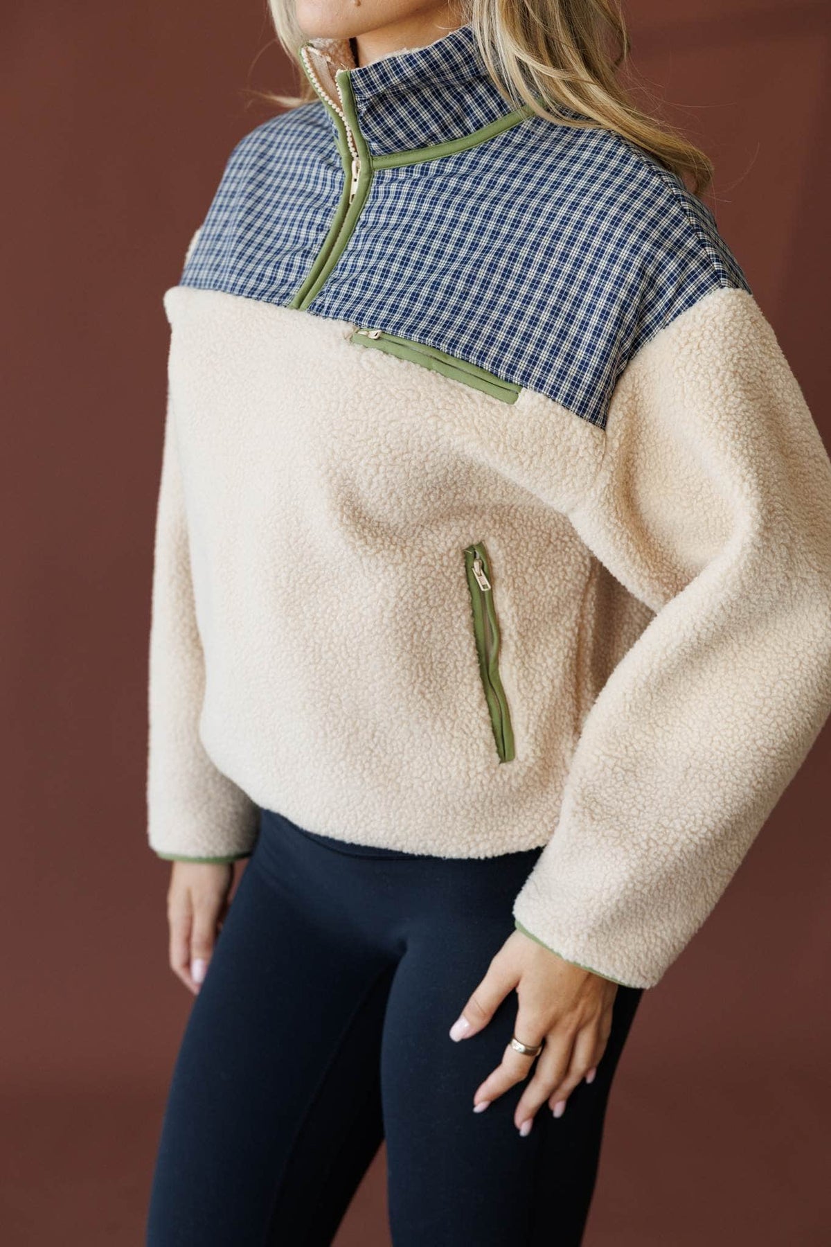 Beige and navy fleece pullover