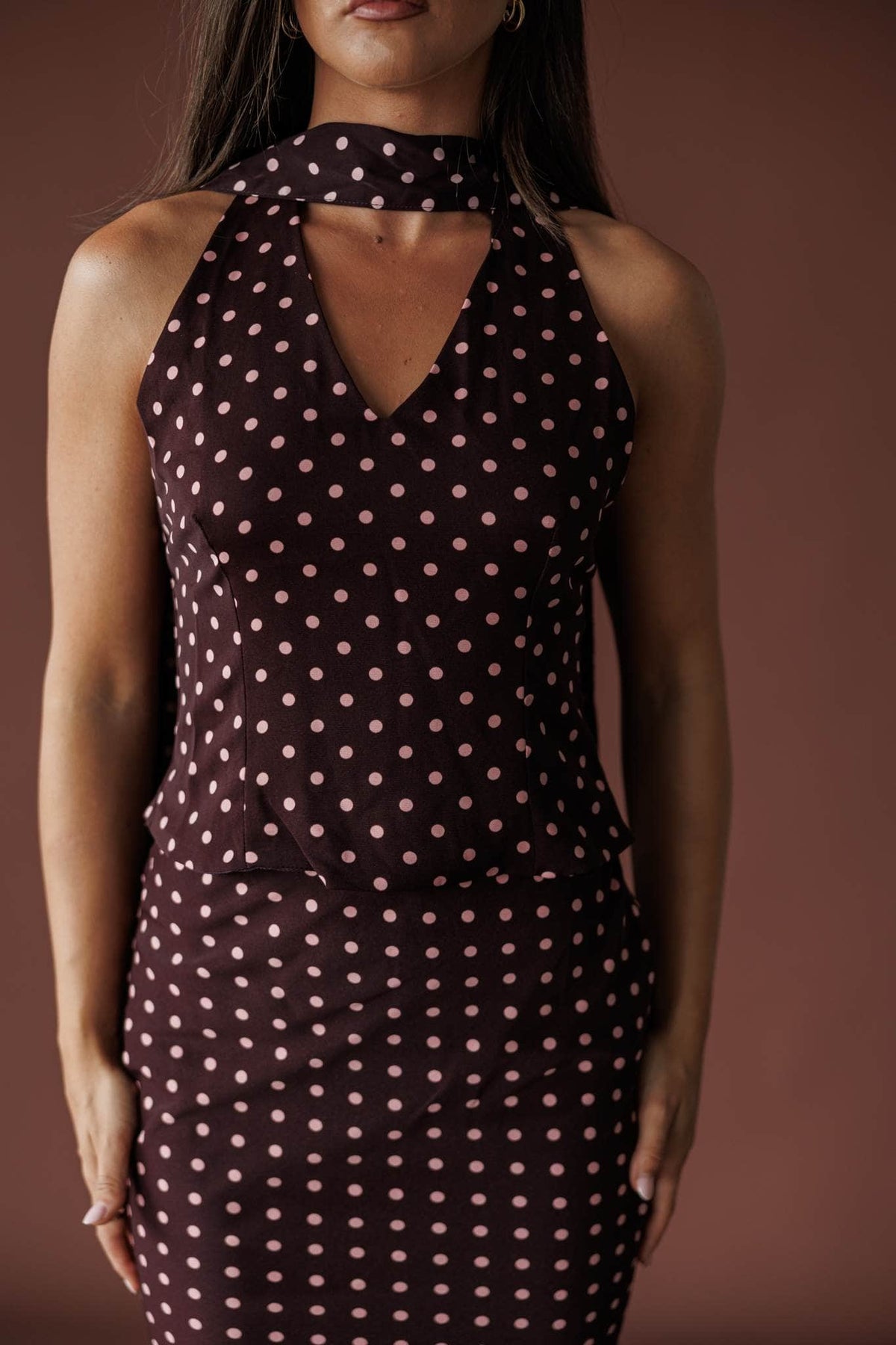 Wine polka dot satin halter top