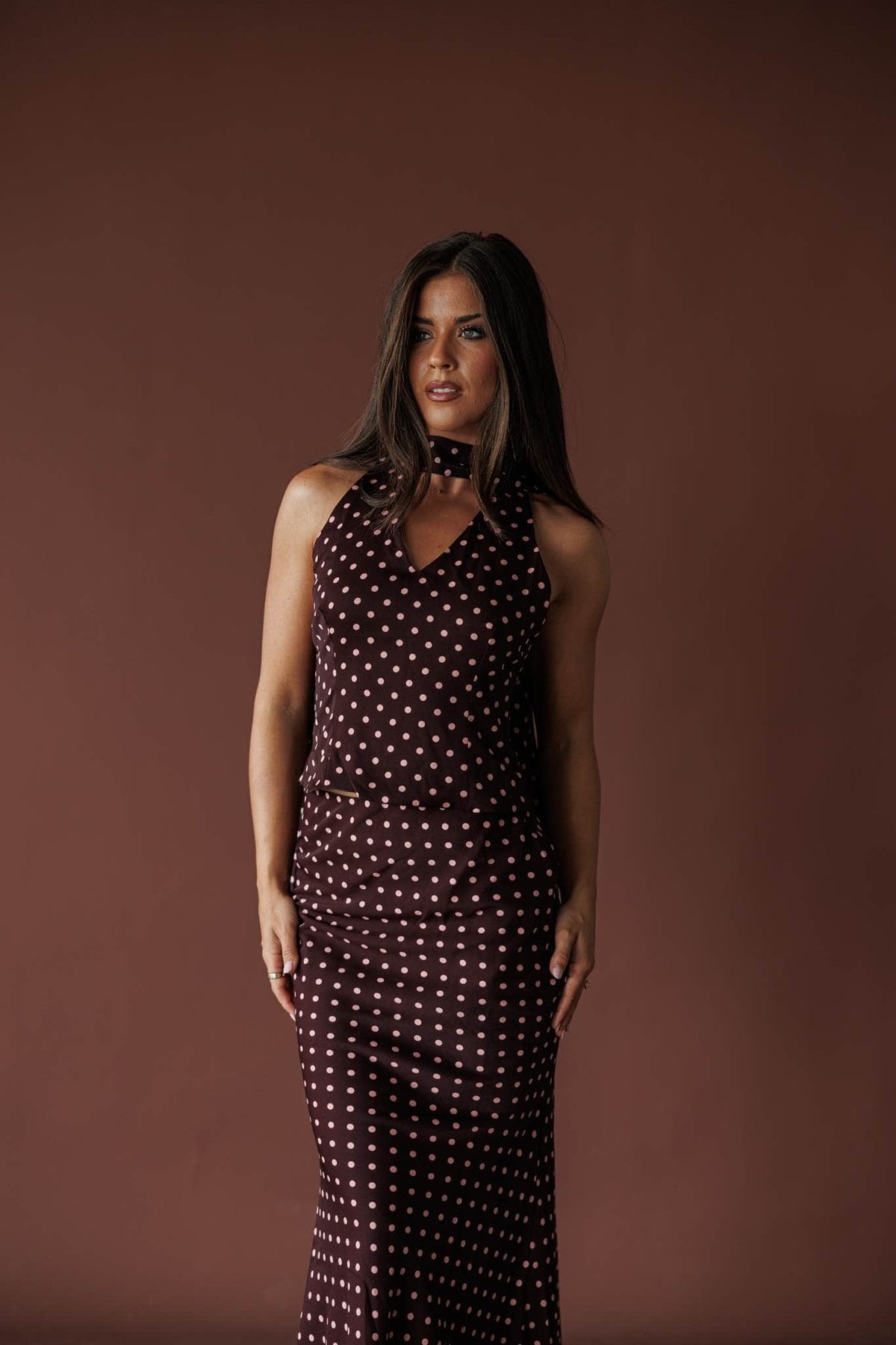 Wine polka dot satin halter top, front view