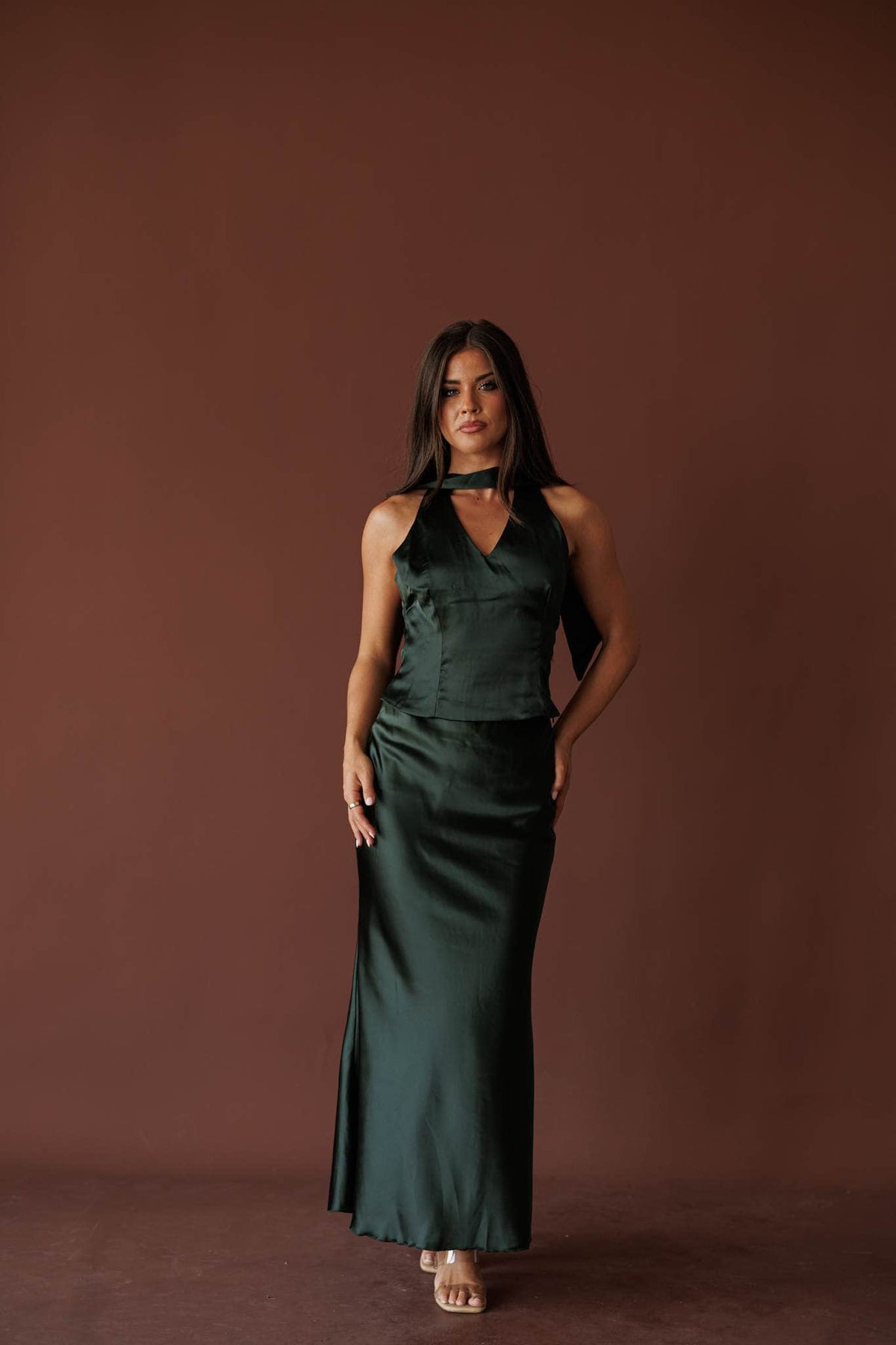 Dark green satin V neck halter top