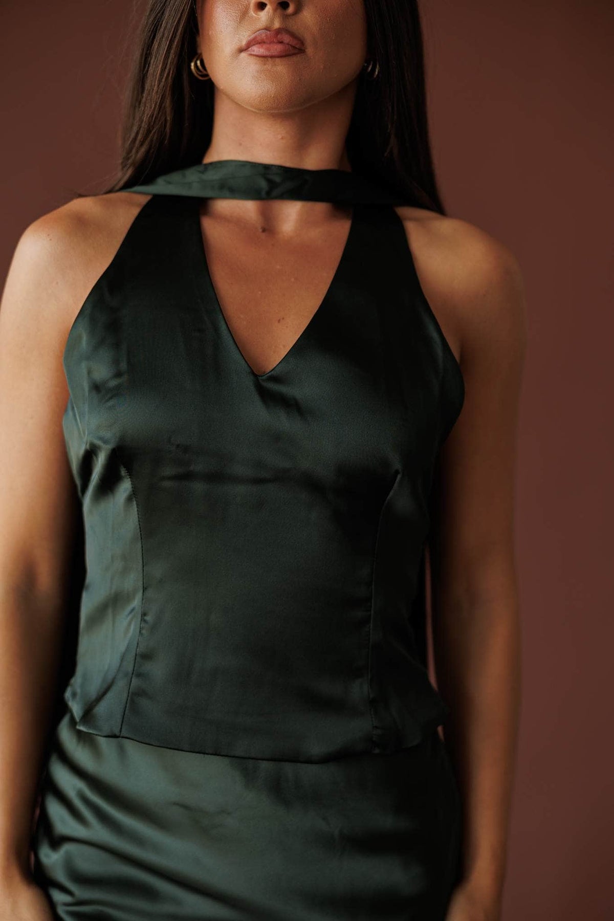 Dark green satin V neck halter top