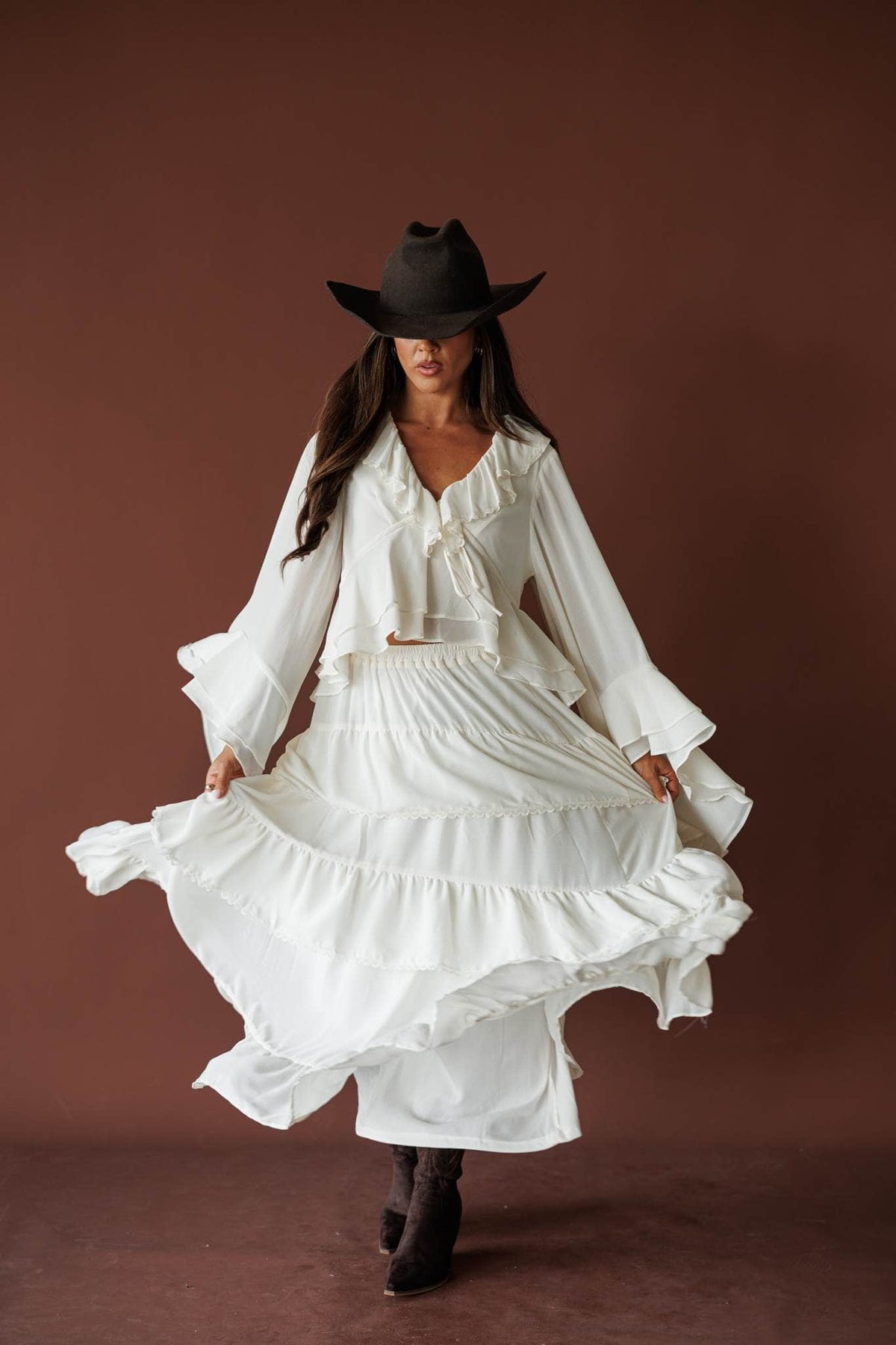 Cream ruffle V neck blouse