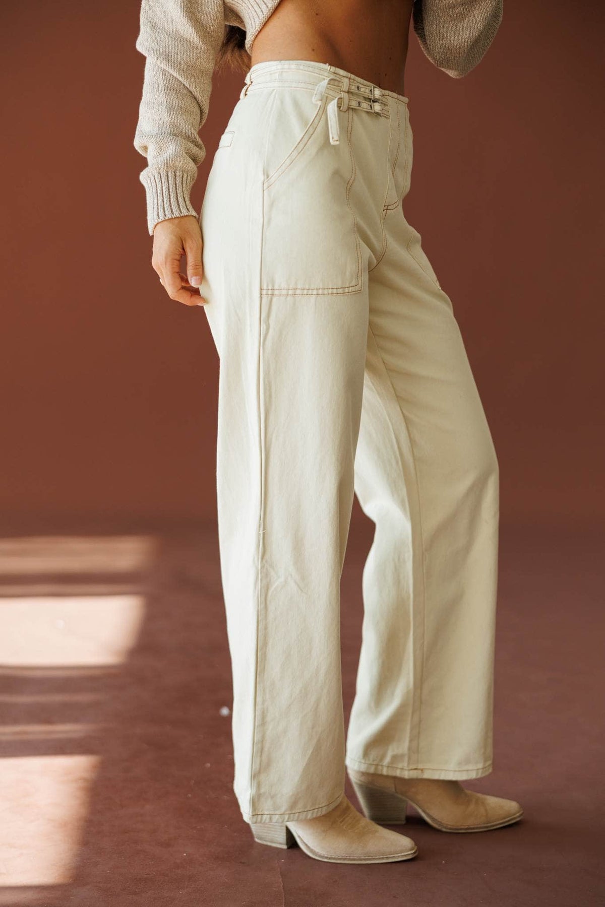 Buckle Point Pants in taupe, side view showing the seamed wide leg