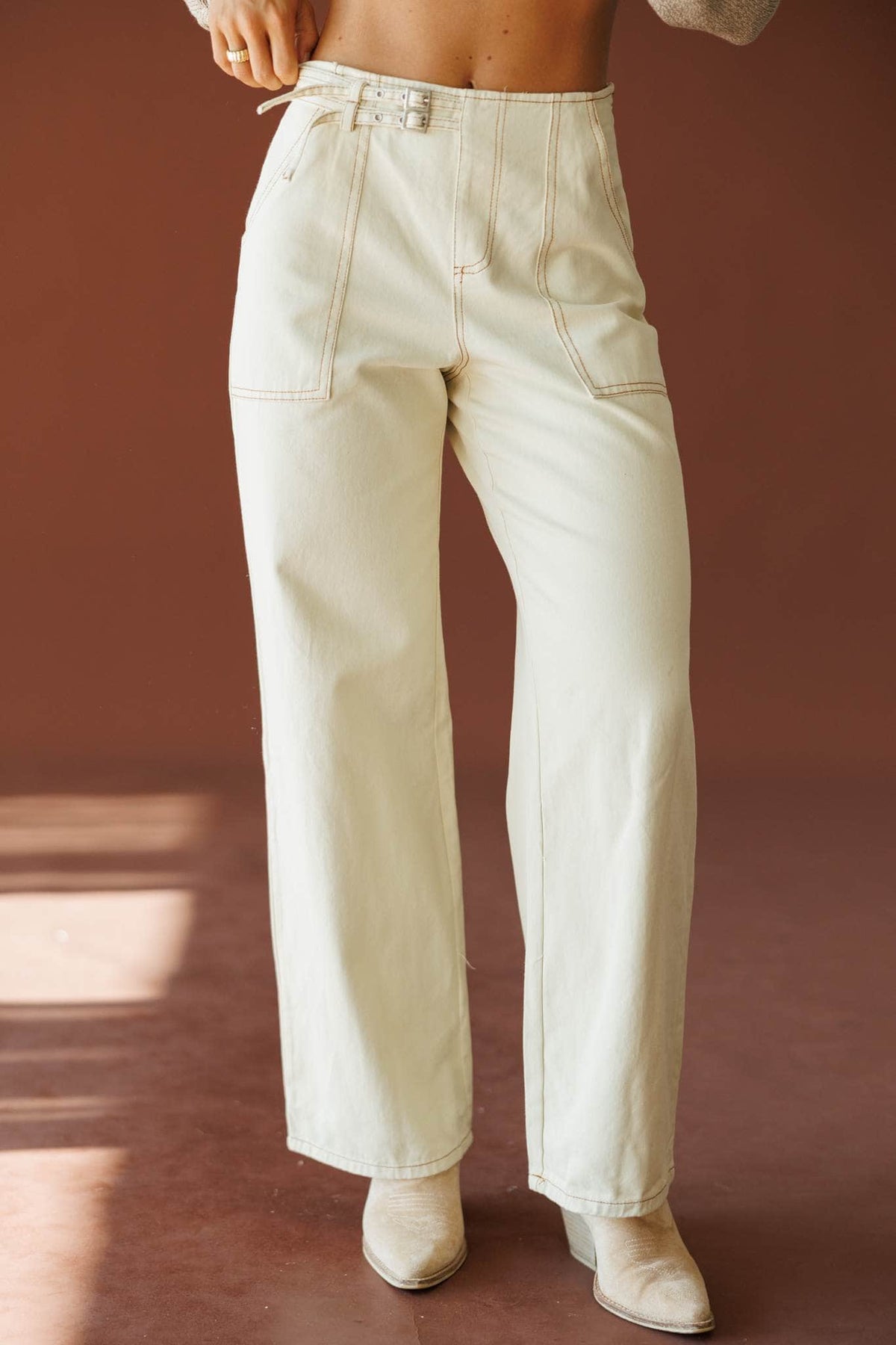Buckle Point Pants in taupe, front view showing the buckle waist and wide leg