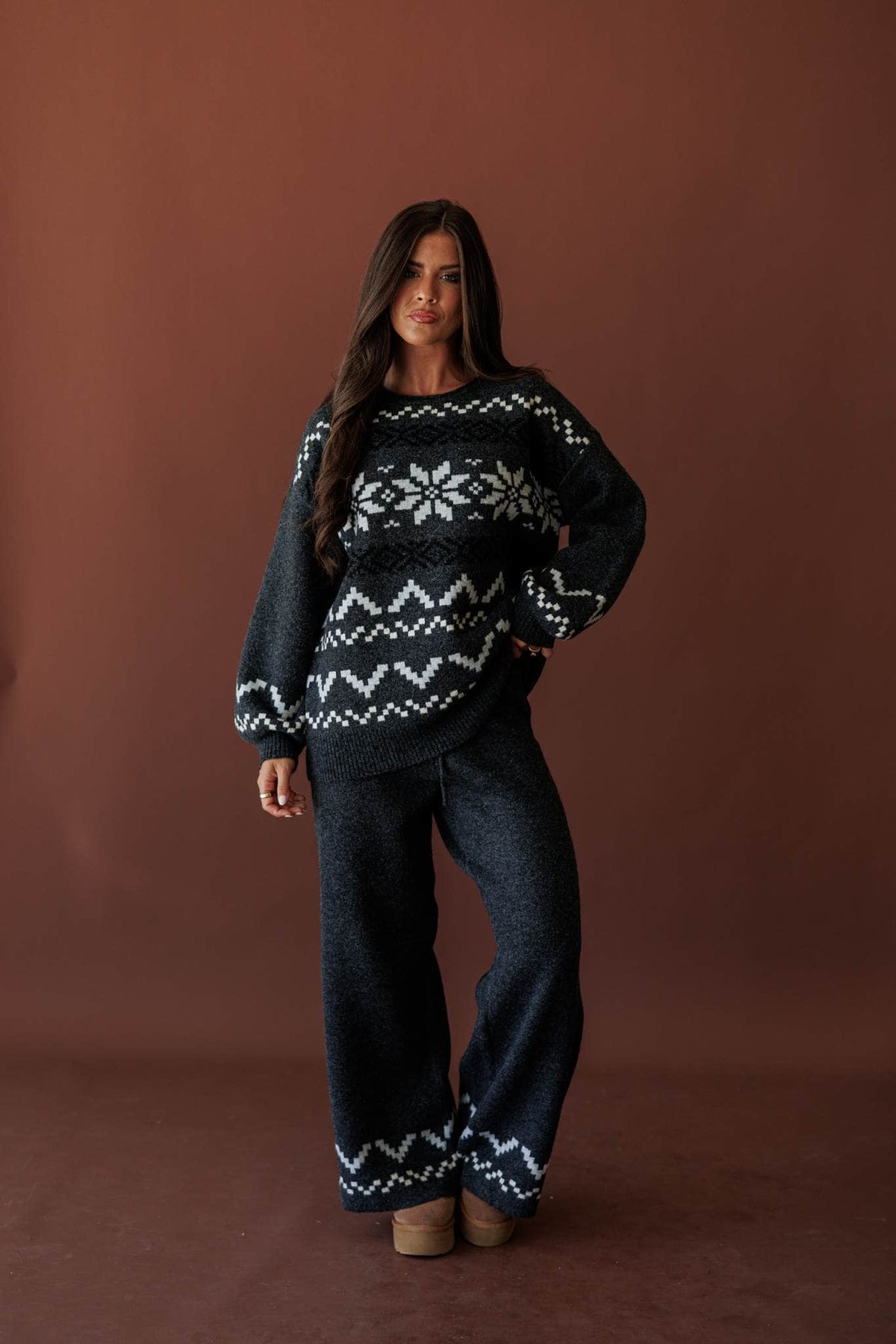 Cabin Cozy Sweater, in charcoal, full-length view of the matching set