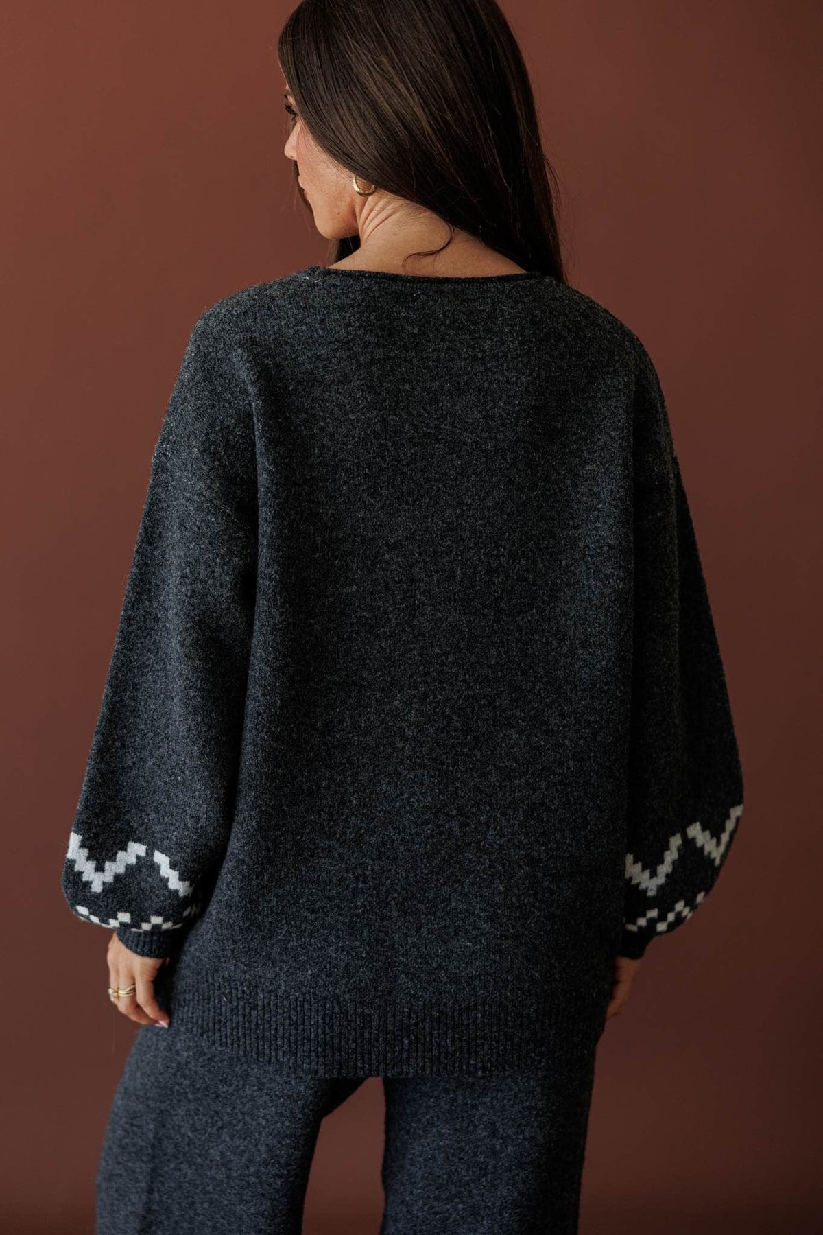 Cabin Cozy Sweater, in charcoal, back view of the knit