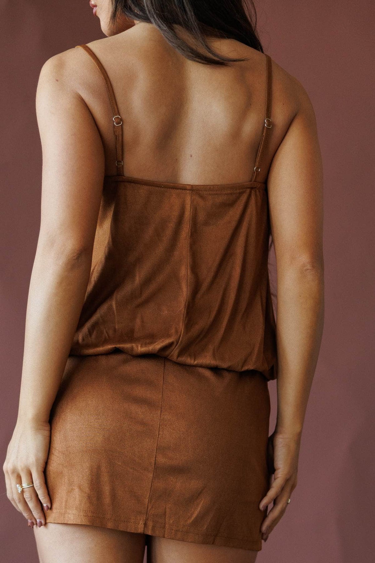 Rust strapless blouson mini dress