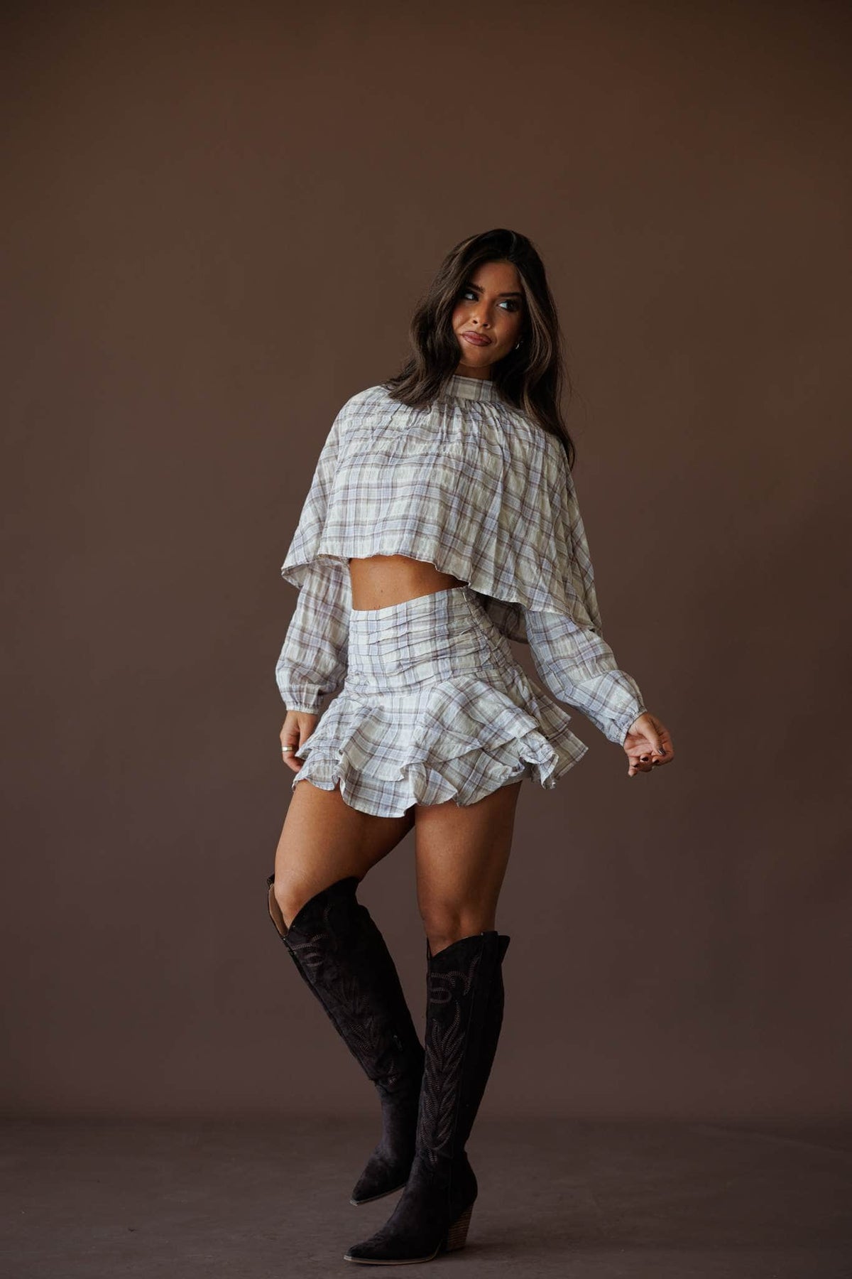 Plaid button up top, front view
