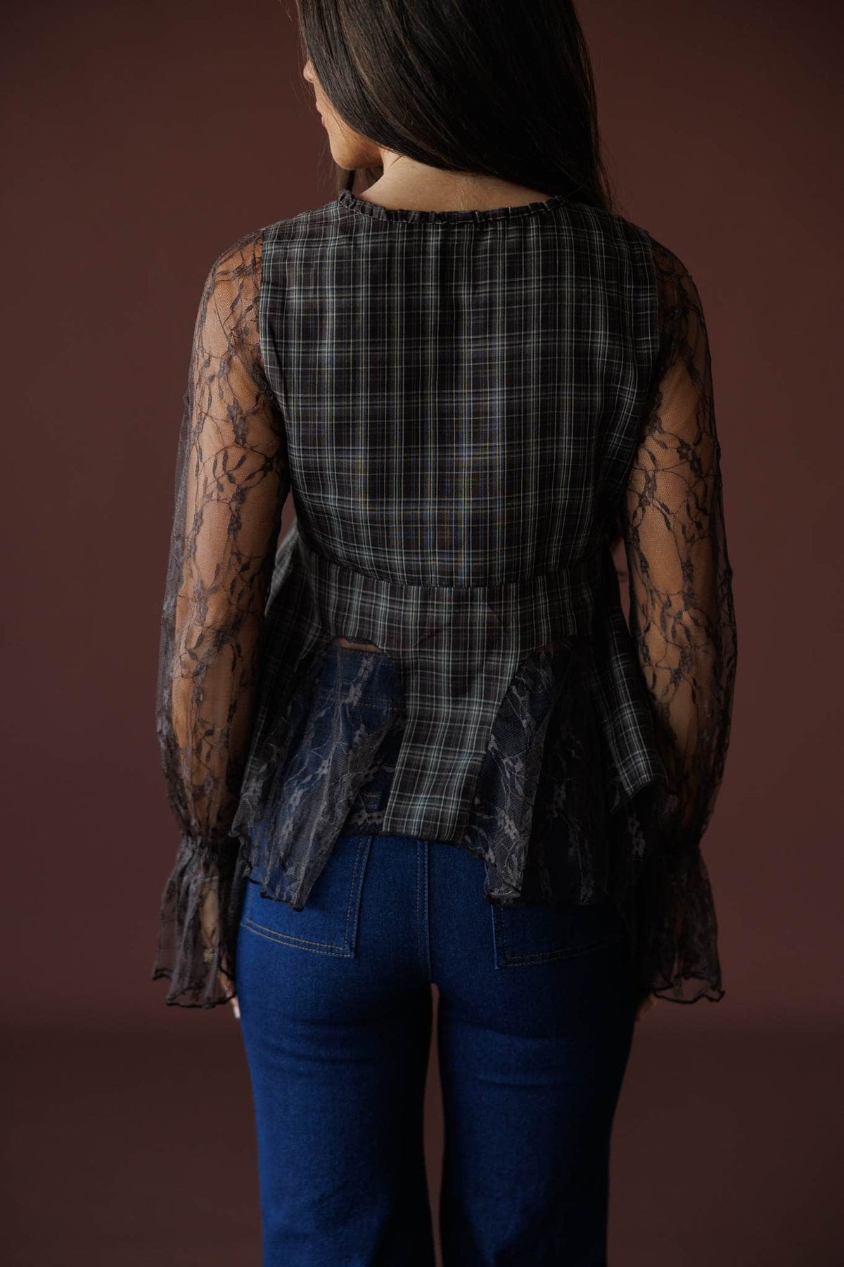 Chocolate Plaid Lace Mixed Top in chocolate, back view showing the plaid and lace panels