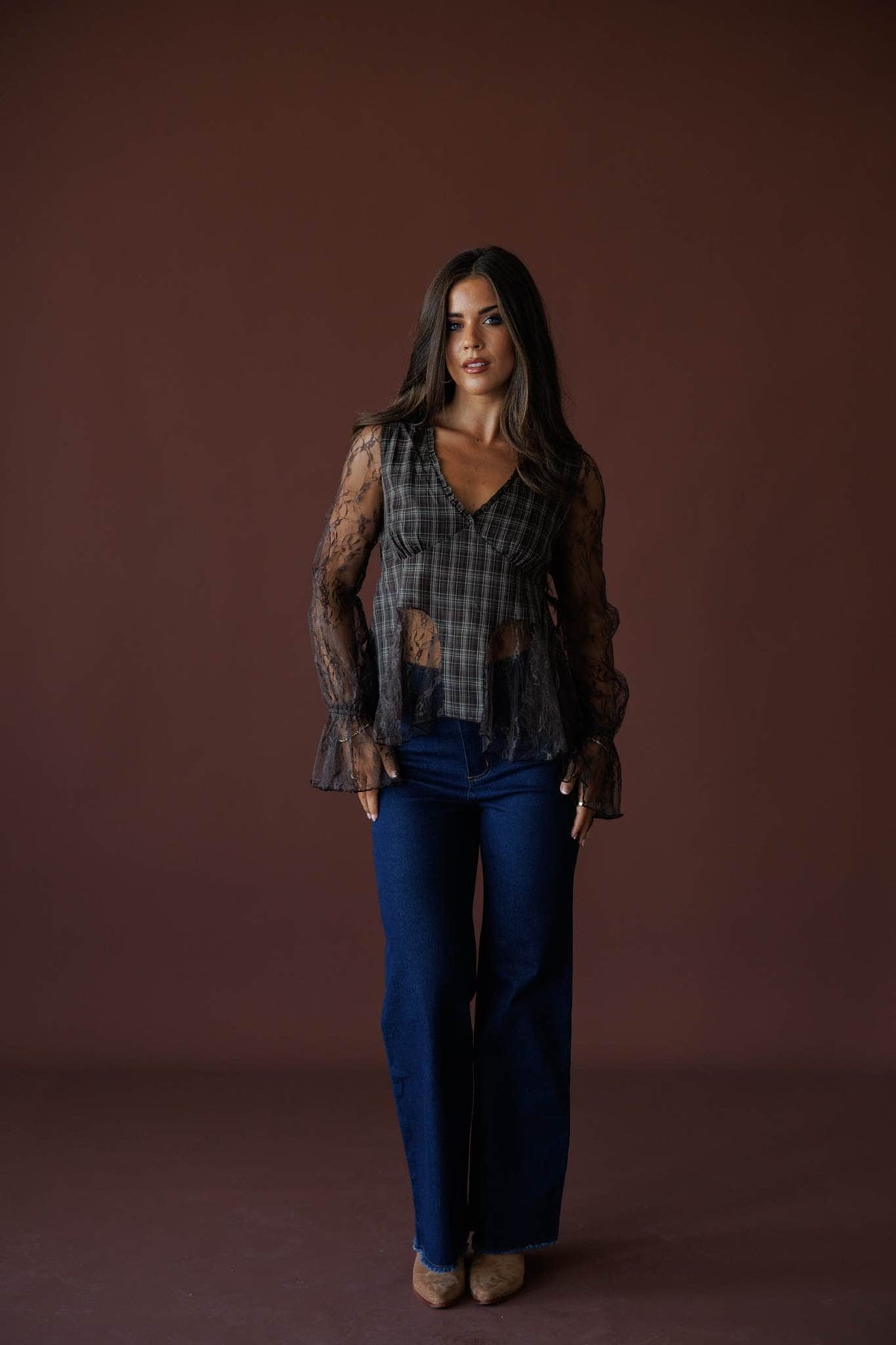 Chocolate Plaid Lace Mixed Top in chocolate, full-length view with dark wash wide leg jeans