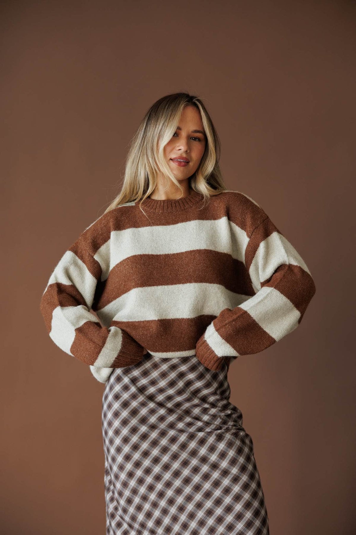Striped knit pullover, front view