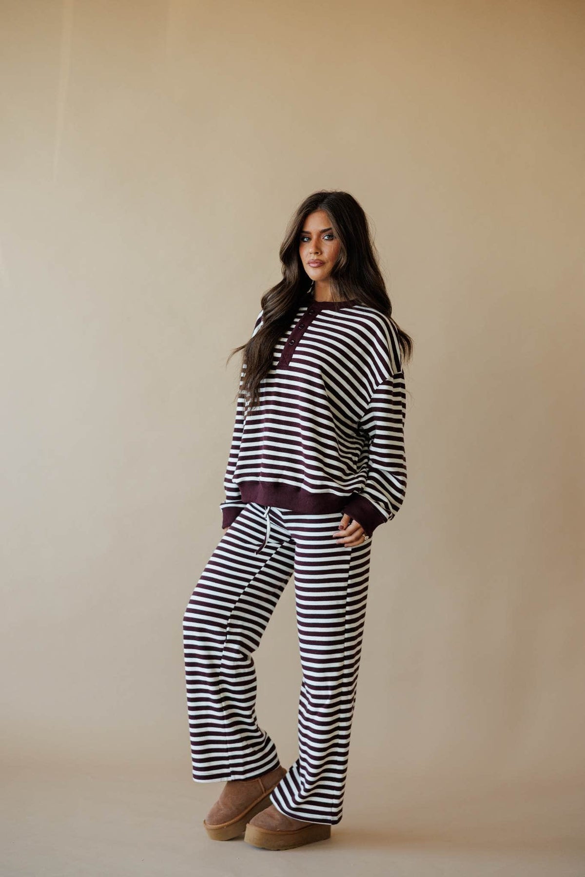 Cream and maroon stripe lounge pants