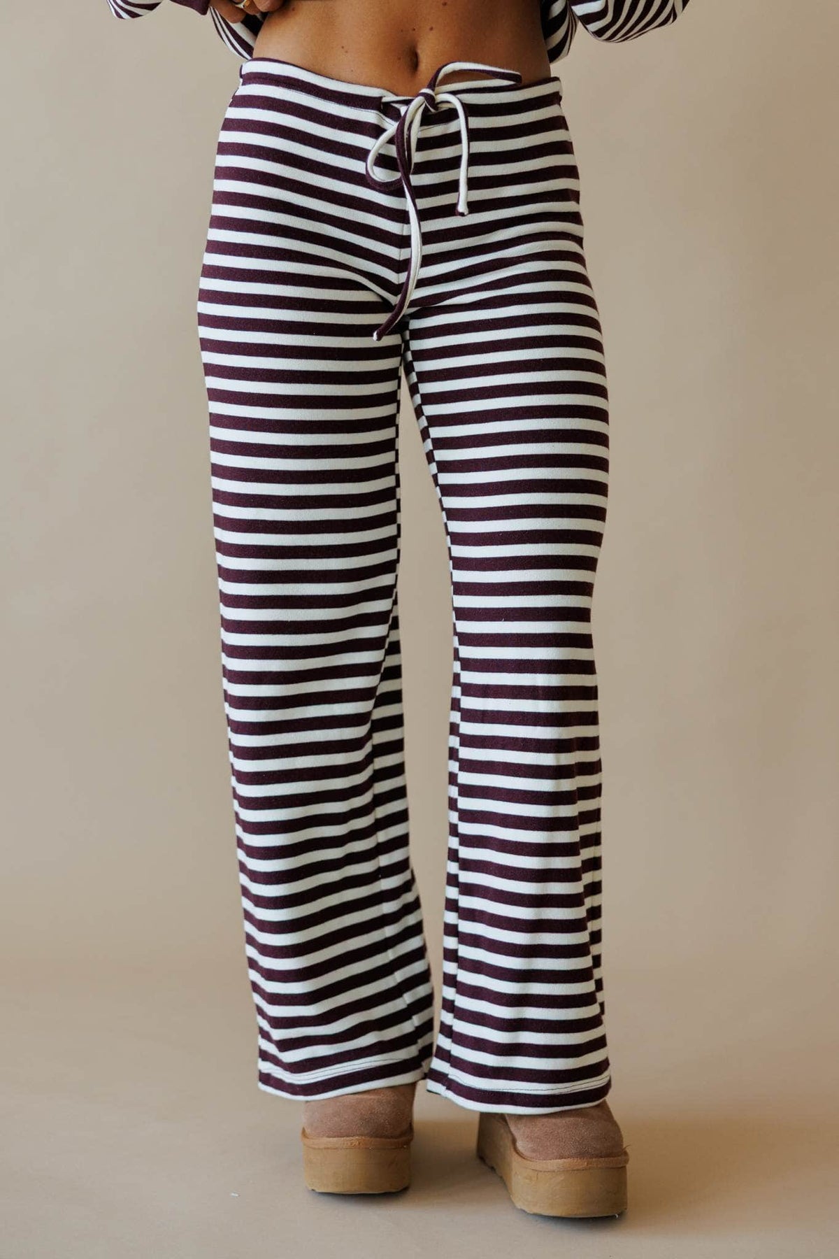 Cream and maroon stripe lounge pants, front view