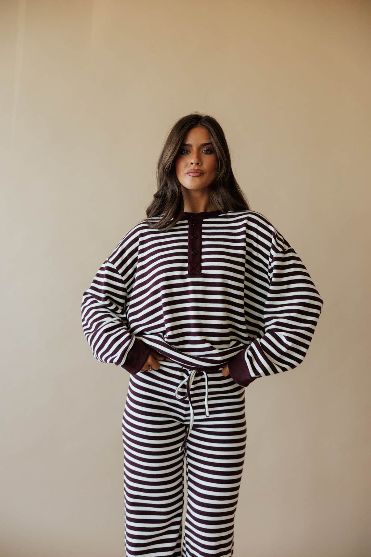 Cream and maroon stripe lounge top