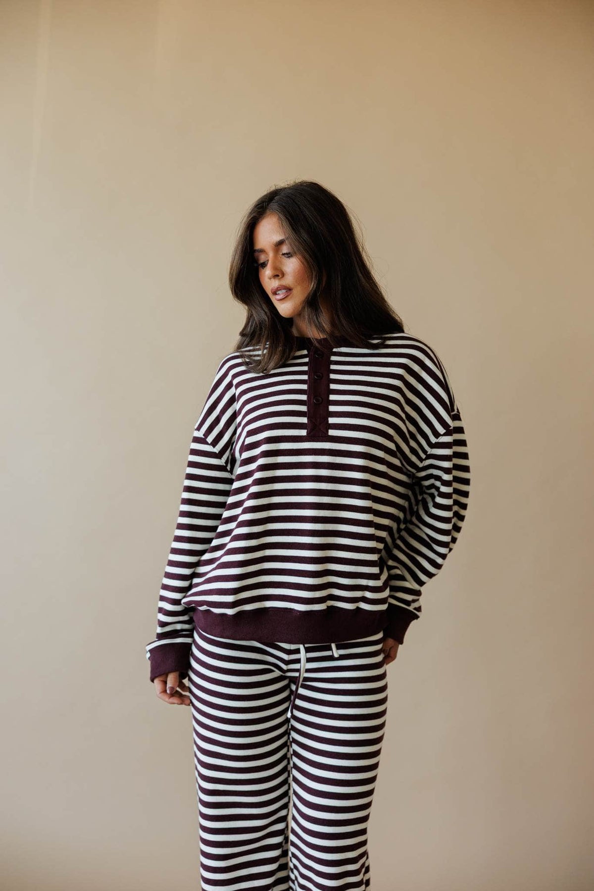 Cream and maroon stripe lounge top, front view