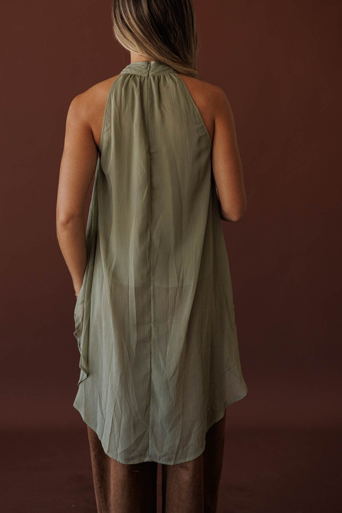 Olive Branch Halter Top, back view of the open halter back