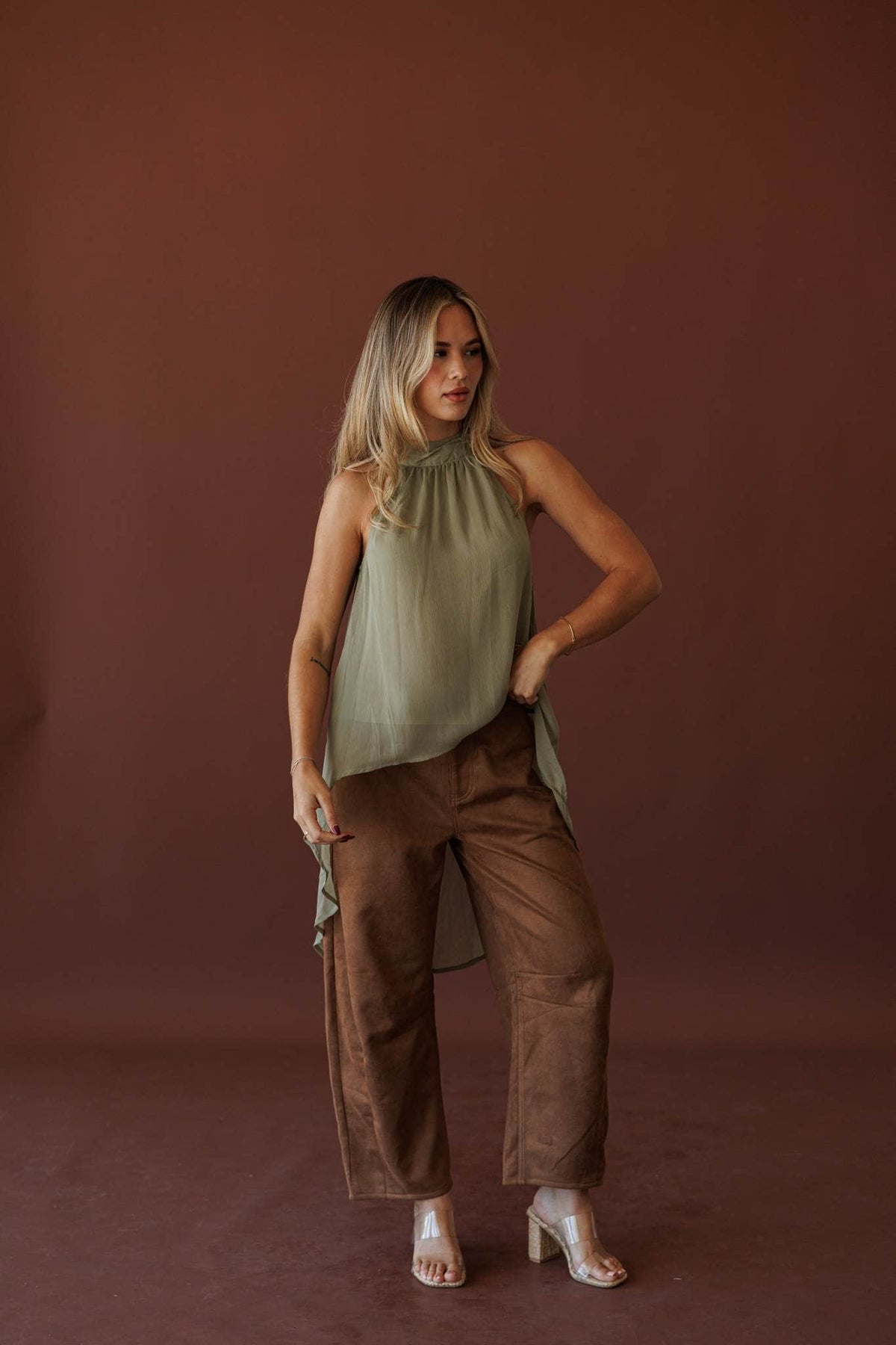 Olive Branch Halter Top, full-length view of the high-low hem