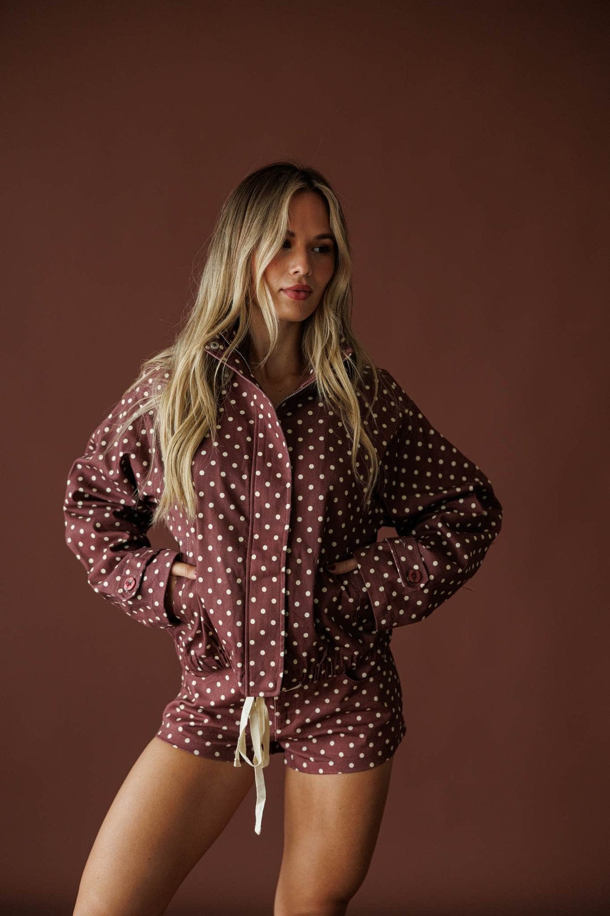 Cocoa Dot Lounge Jacket in hot chocolate, front view with the matching polka dot shorts