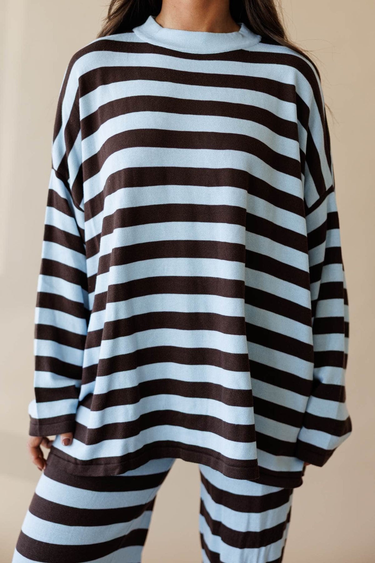 Pale blue and cocoa stripe oversized knit top