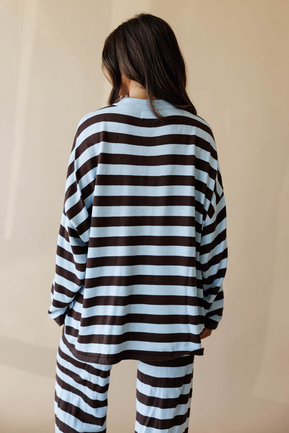 Pale blue and cocoa stripe oversized knit top