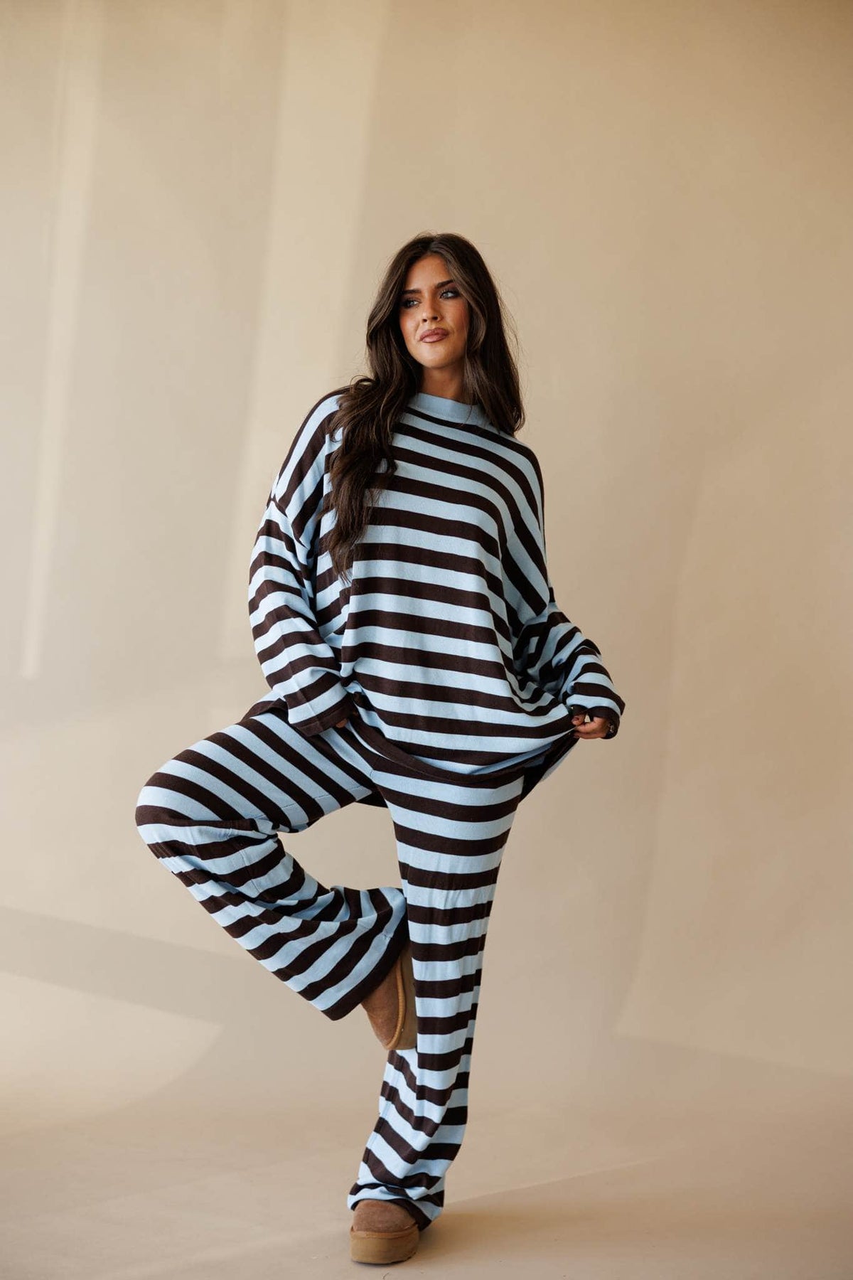 Pale blue and cocoa stripe oversized knit top