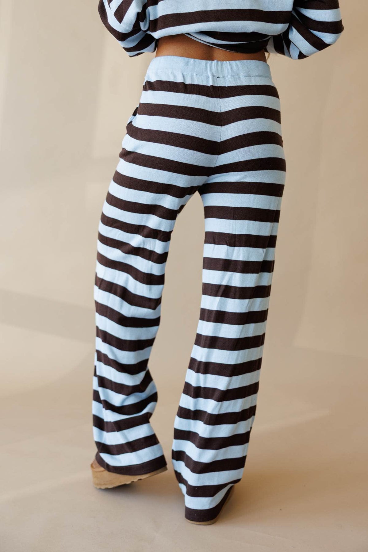 Pale blue and cocoa stripe knit wide leg pants