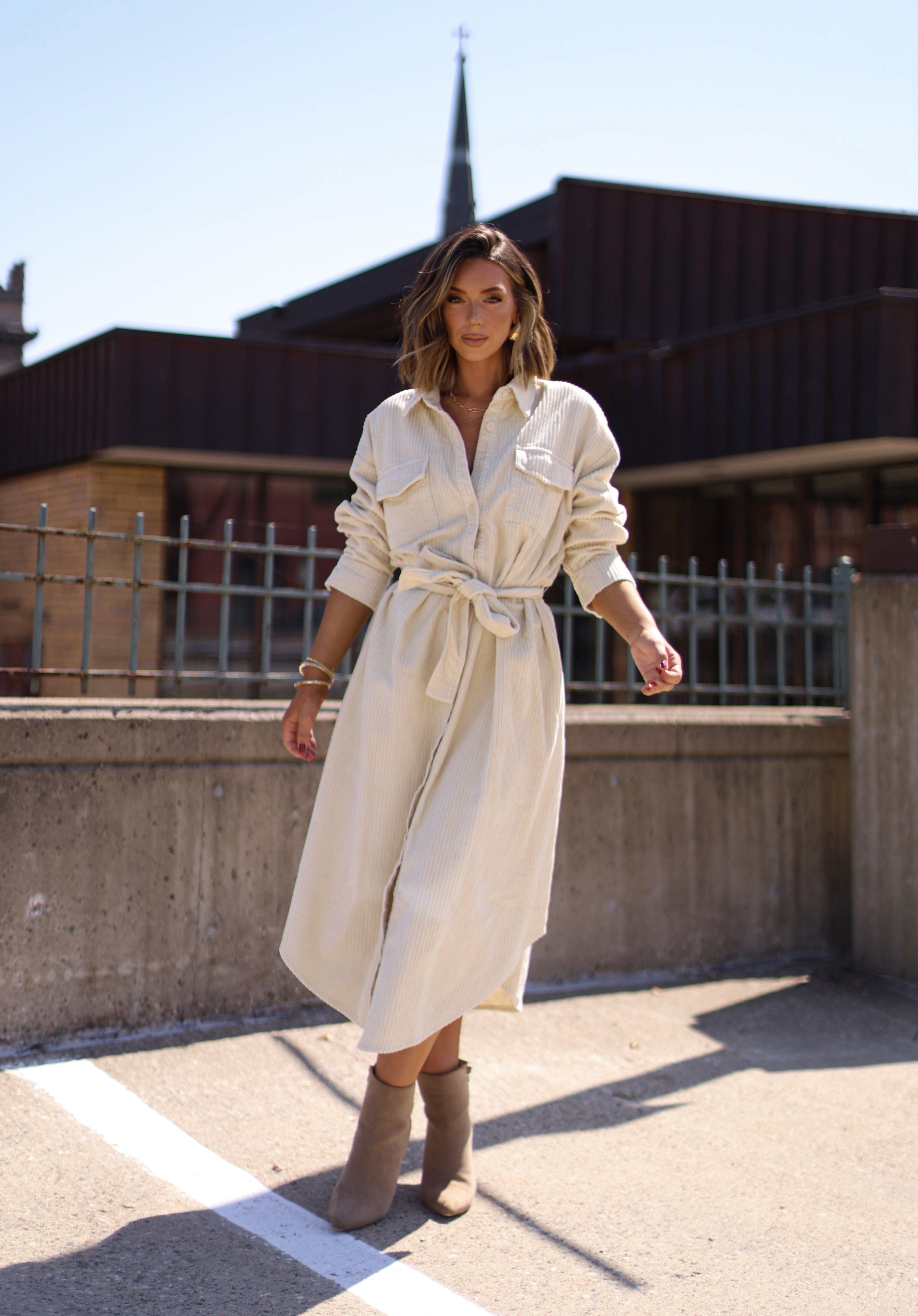 Beige button up retailer dress